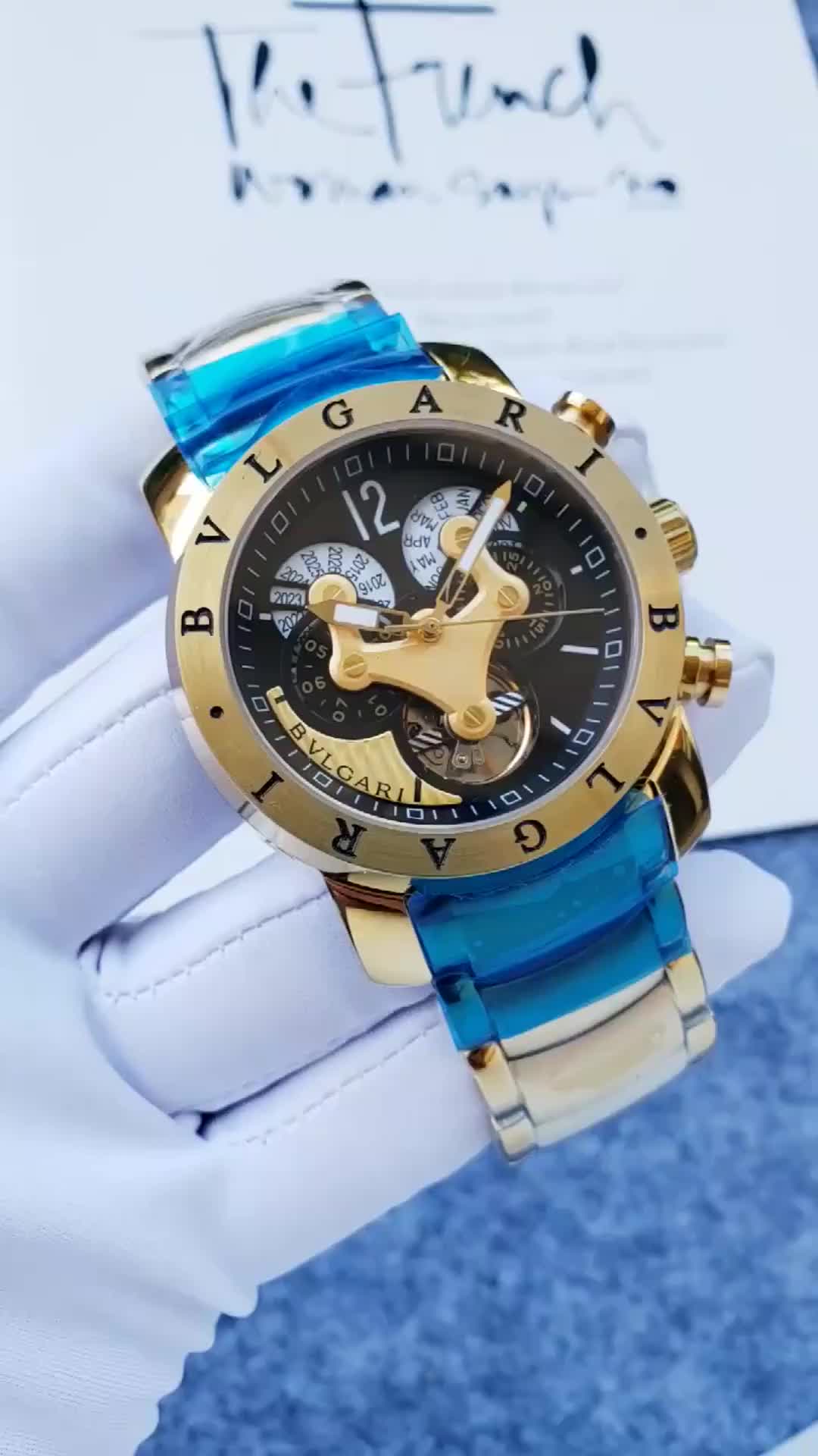 Bvlgari Chronograph Automatic Watch for Men Black Dial with gold Stainless Steel Strap