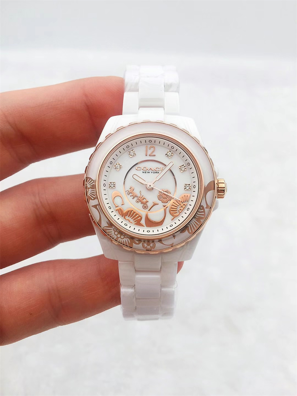 Coach Preston White Dial White Steel Strap Watch for Women – pink gold