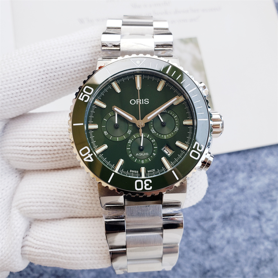 oris Green Dial Chronograph Mens Watch with Steel Case, Ceramic Bezel, Rubber Strap & Stopwatch – Quartz Movement