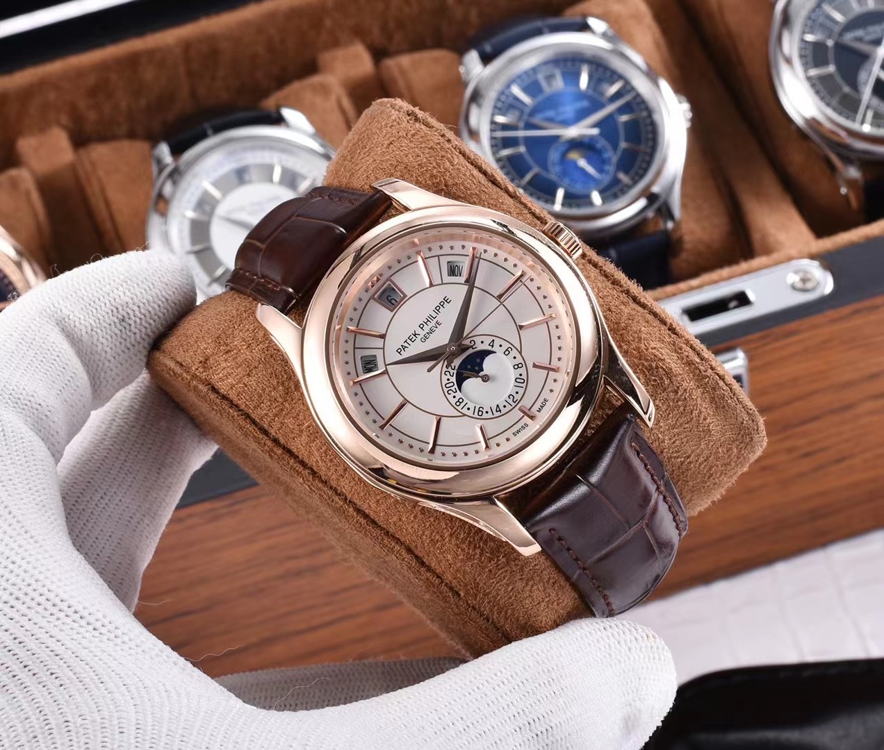 Patek Philippe Complications Annual Calendar Moon Phases Rose Gold White Dial 5205R-001
