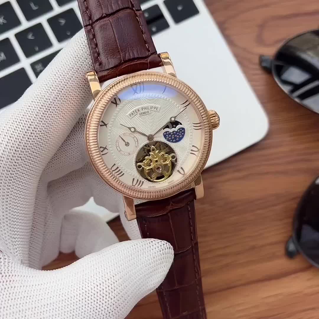 Patek Philippe mechanical watch with leather  brown leather strap