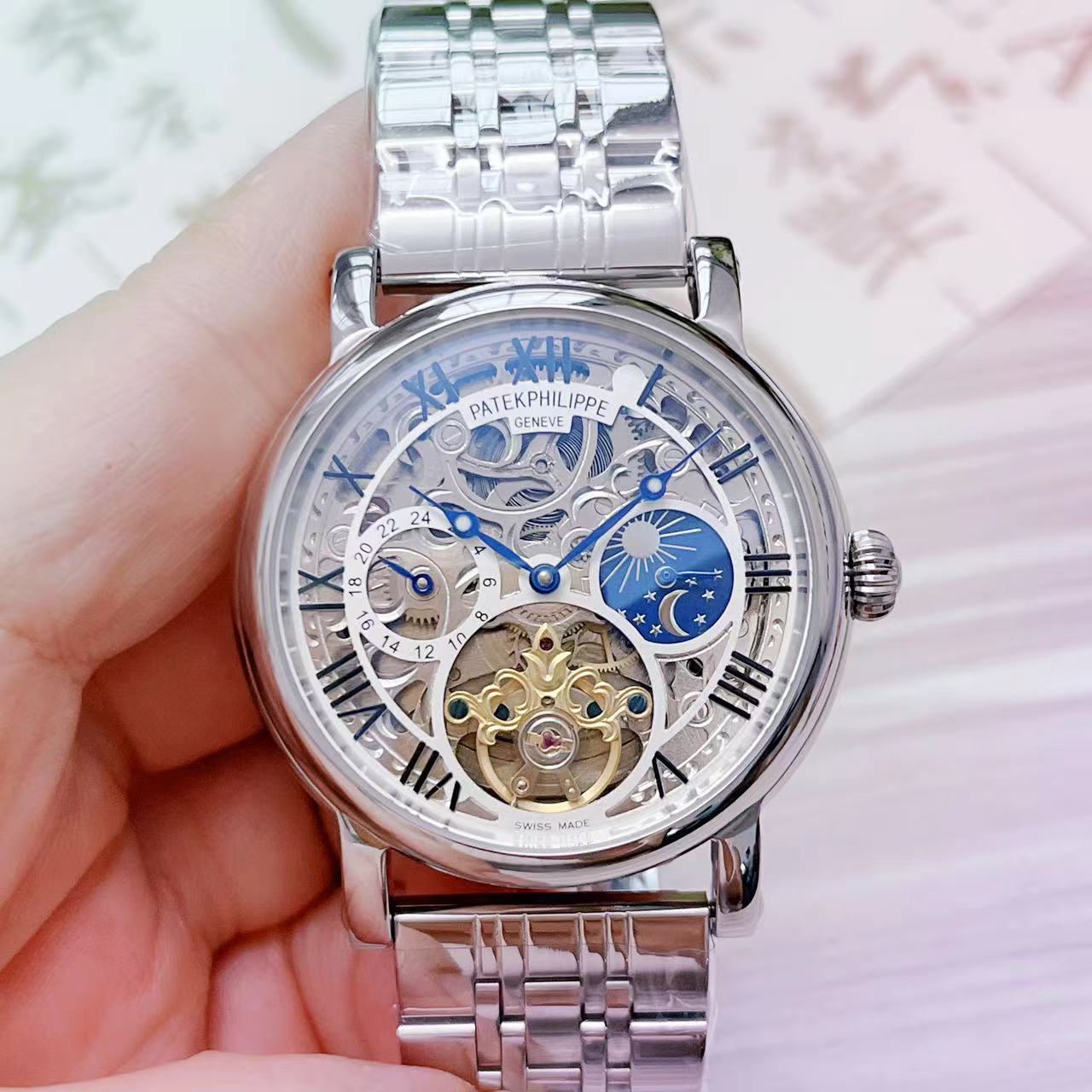Patek Philippe Skeleton Mechanical Watch – Moonphase, 24H Dial, Stainless Steel Bracelet