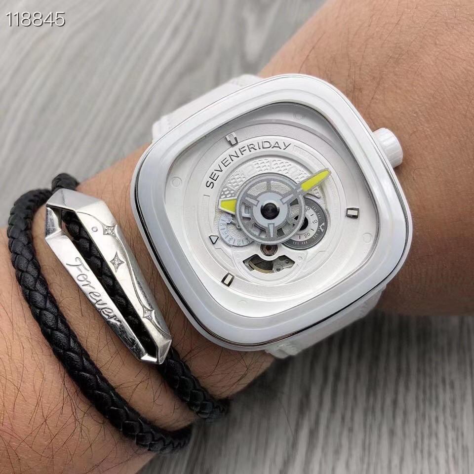 SEVENFRIDAY P-Series Caipi Automatic White Ceramic Leather Mens Watch P1C/04
