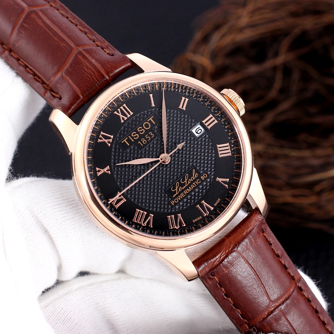 Tissot T-Classic Automatic men’s watch black face rose gold rim brown strap