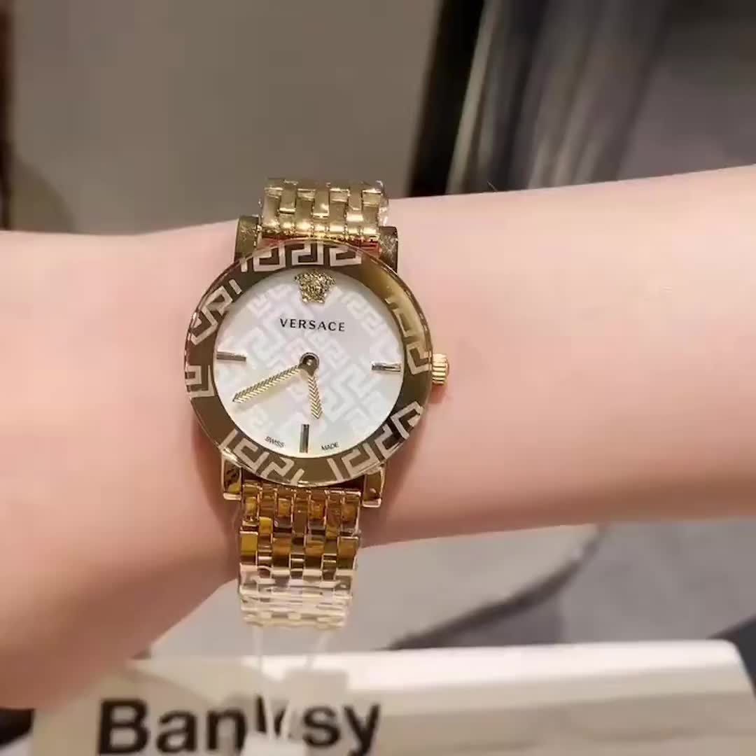 Versace Greca Glass Mother of Pearl Watch Golden Metallic