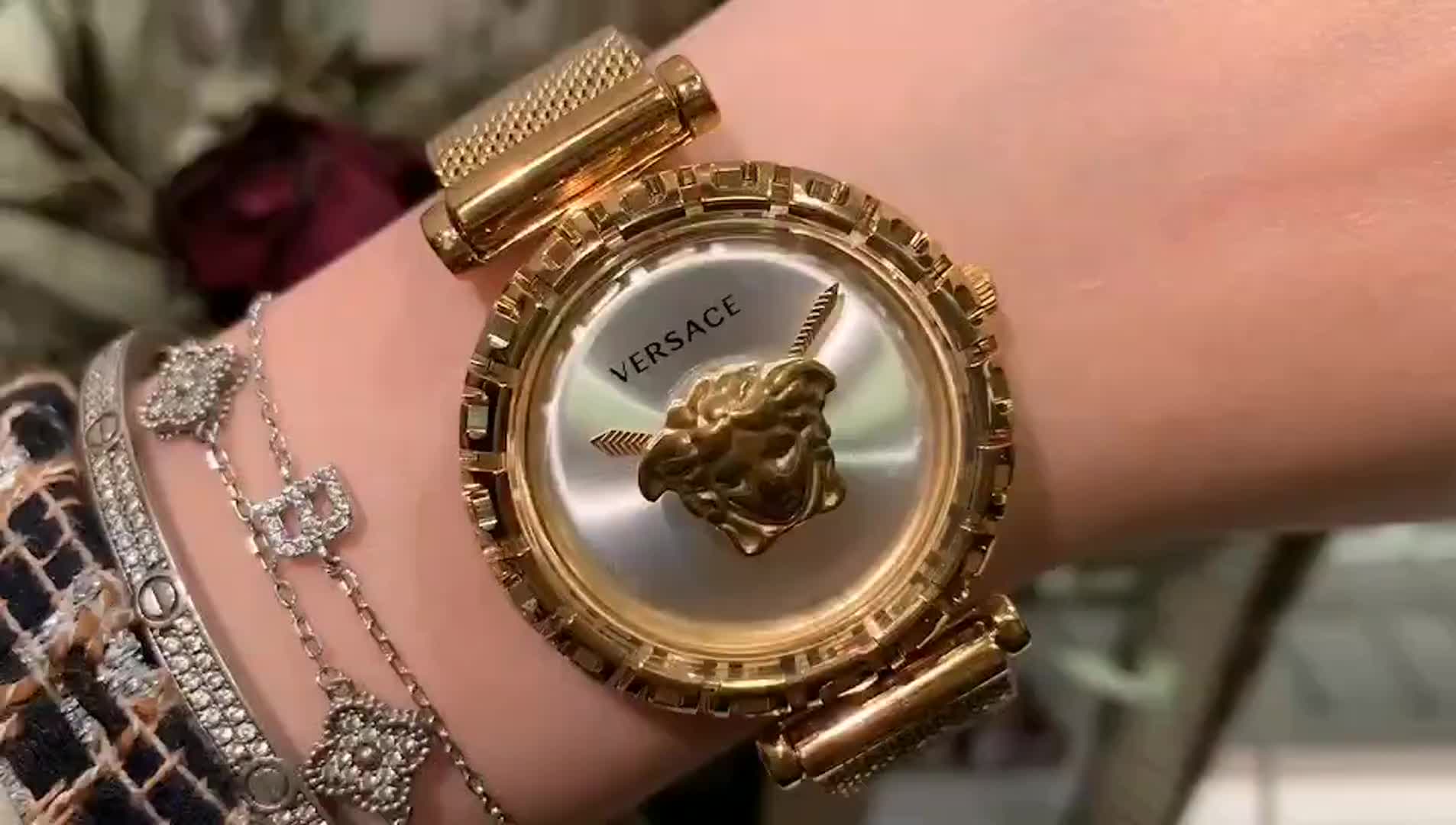 Versace Palazzo Empire Greca White Dial Gold Mesh Bracelet