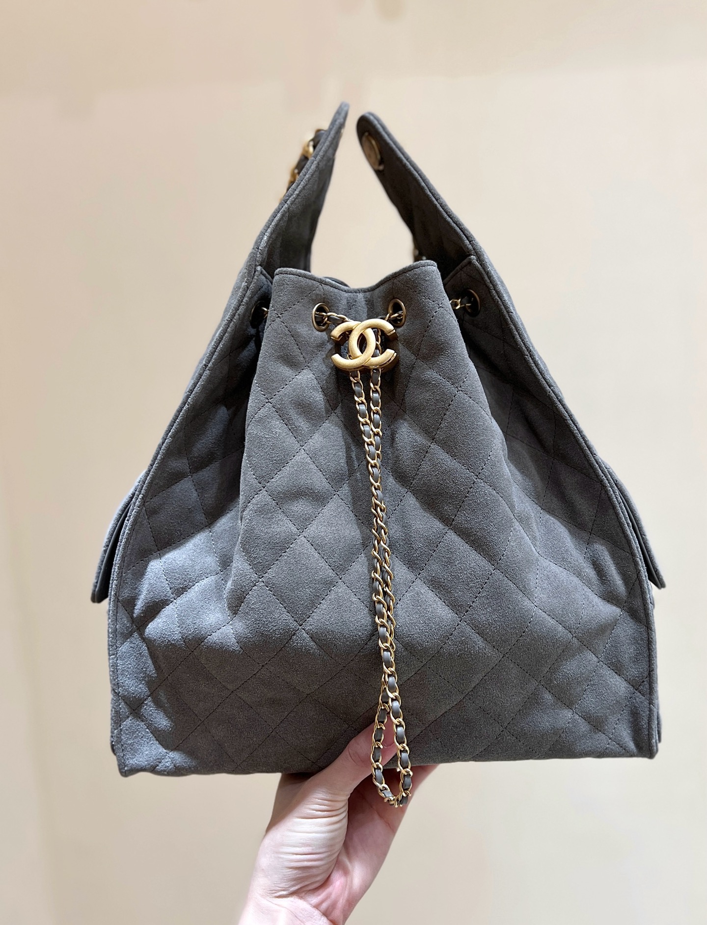 CHANEL Suede Quilted Medium Chanel 25 Handbag Grey