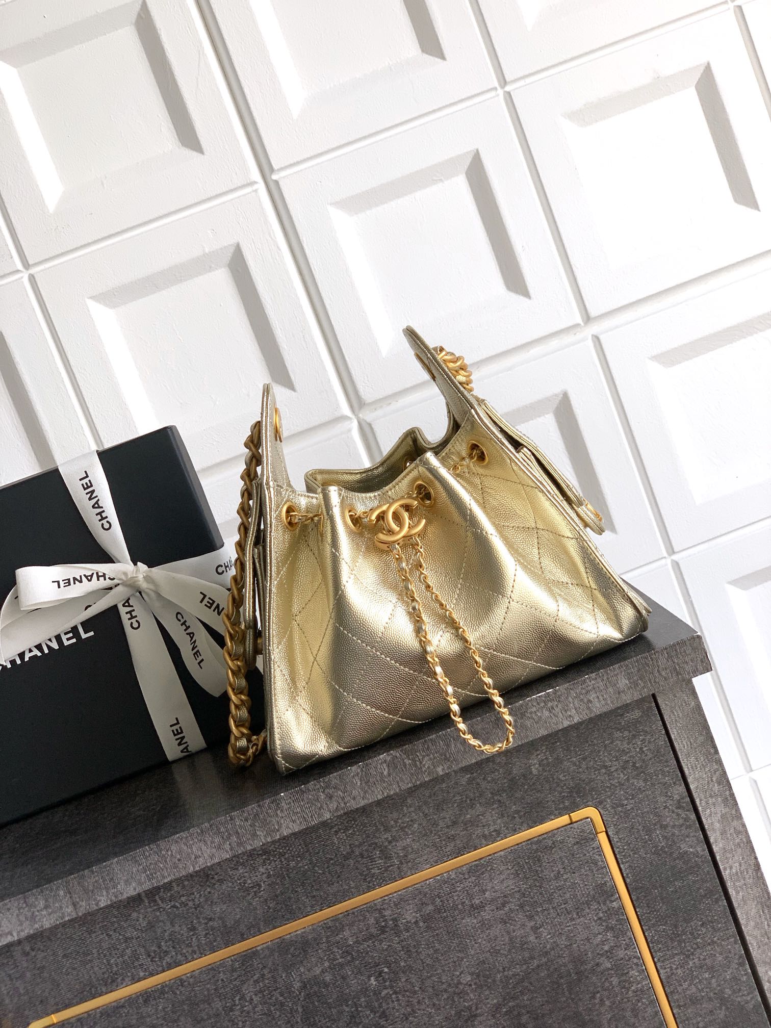 CHANEL Metallic Caviar Quilted Small Chanel 25 Handbag Gold