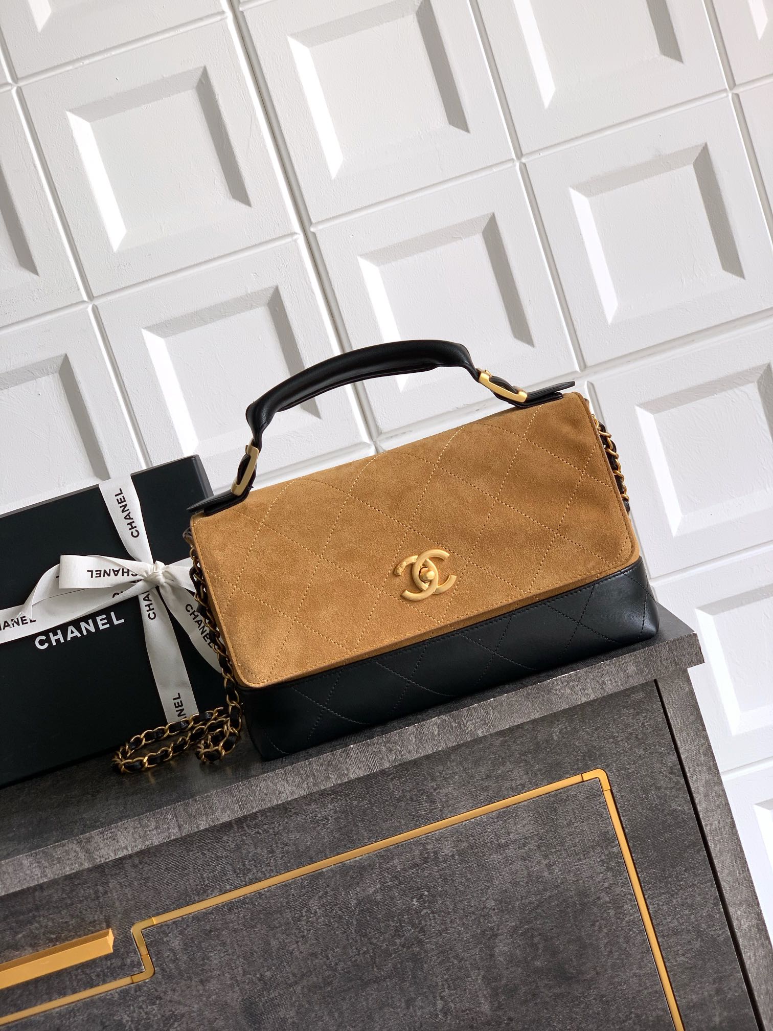 Chanel Small shopping bag, Suede calf skin, shiny lambskin &  Gold-Tone Metal  Beige & Black