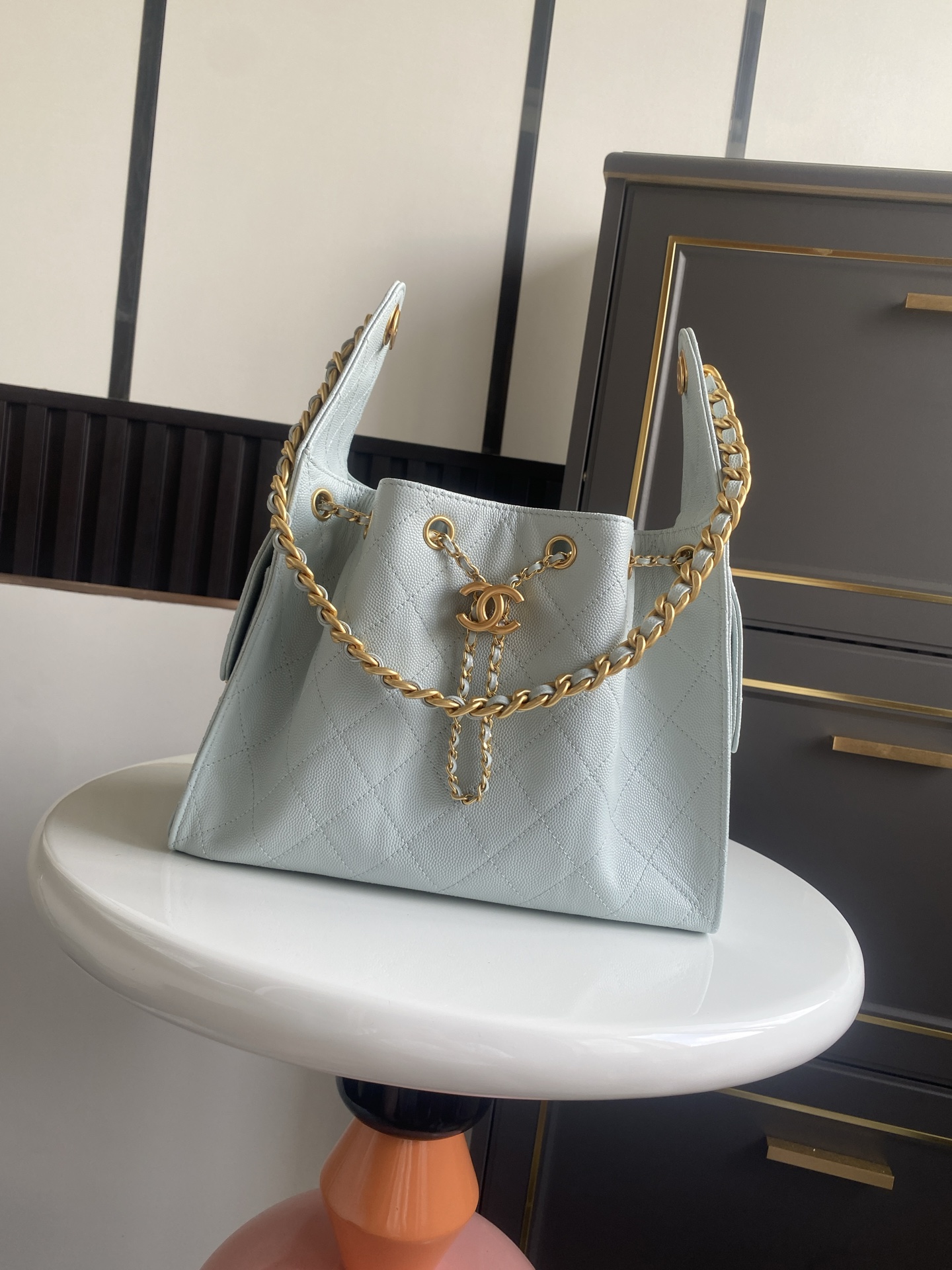 CHANEL Caviar Quilted Small Chanel 25 Handbag Light Blue