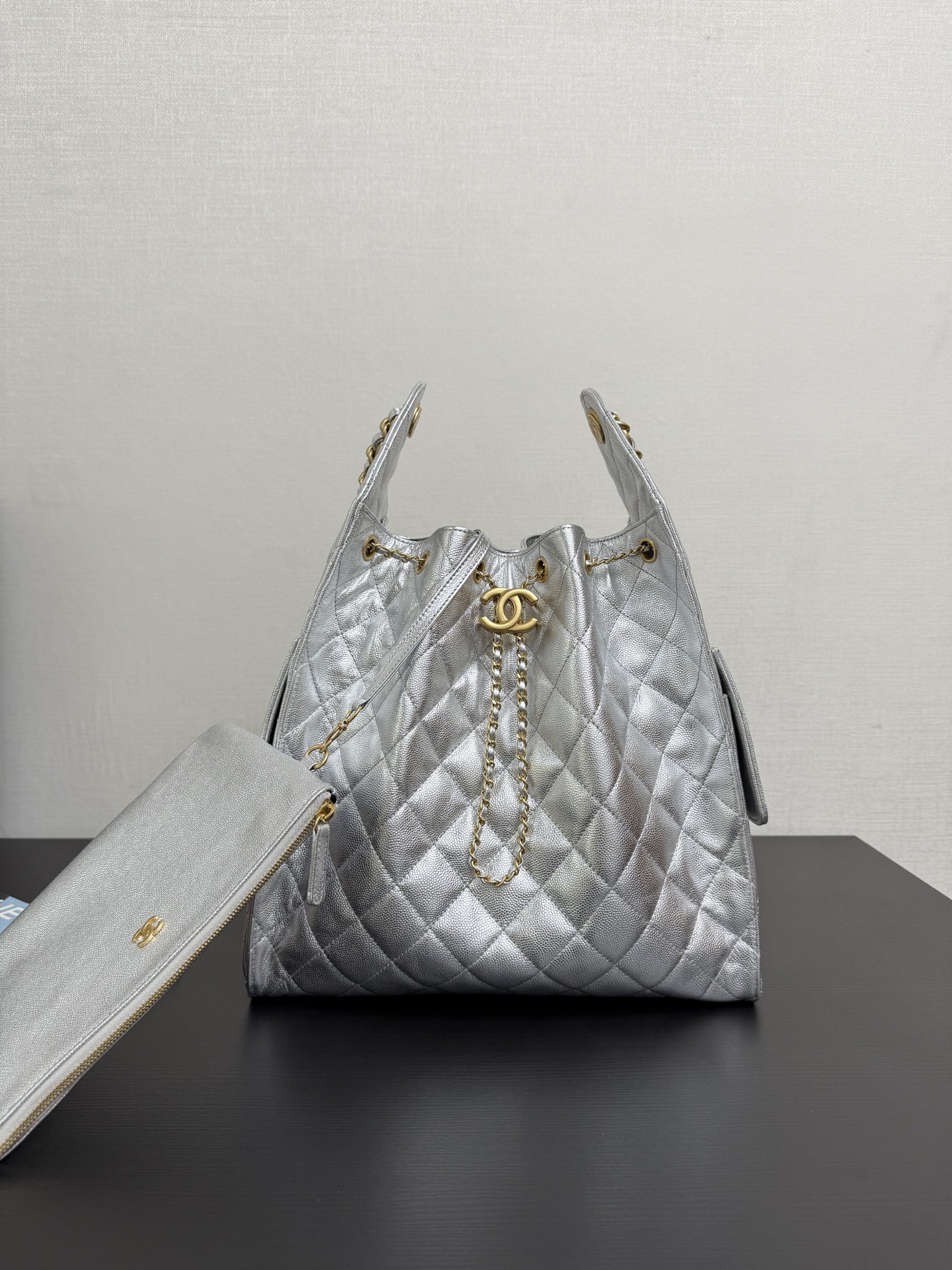 CHANEL 25 Small Handbag   Metallic Grained Calfskin & Gold-Tone Metal  Silvery