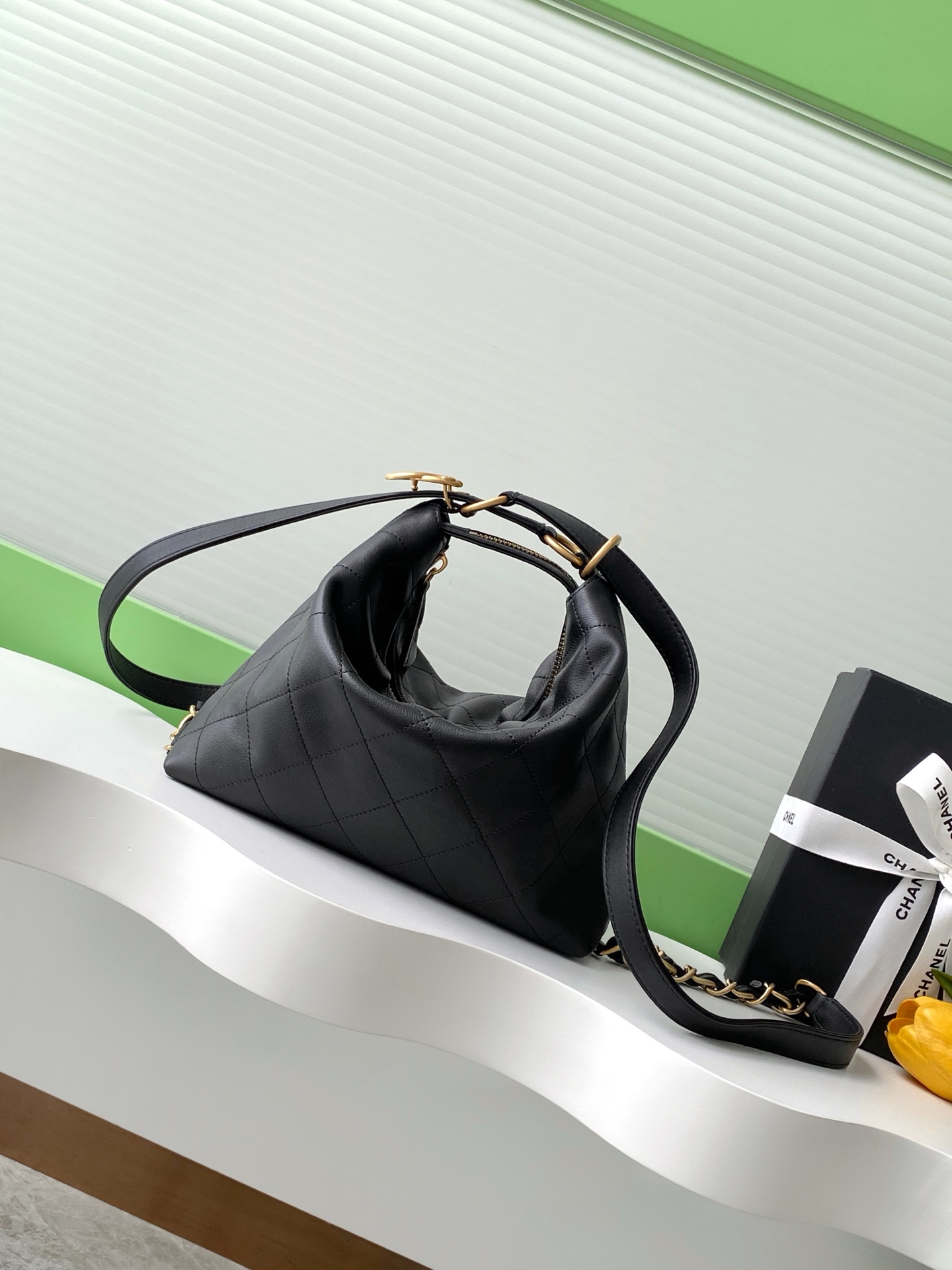 Chanel Maxi shopping bag, Calfskin & gold-tone metal, black