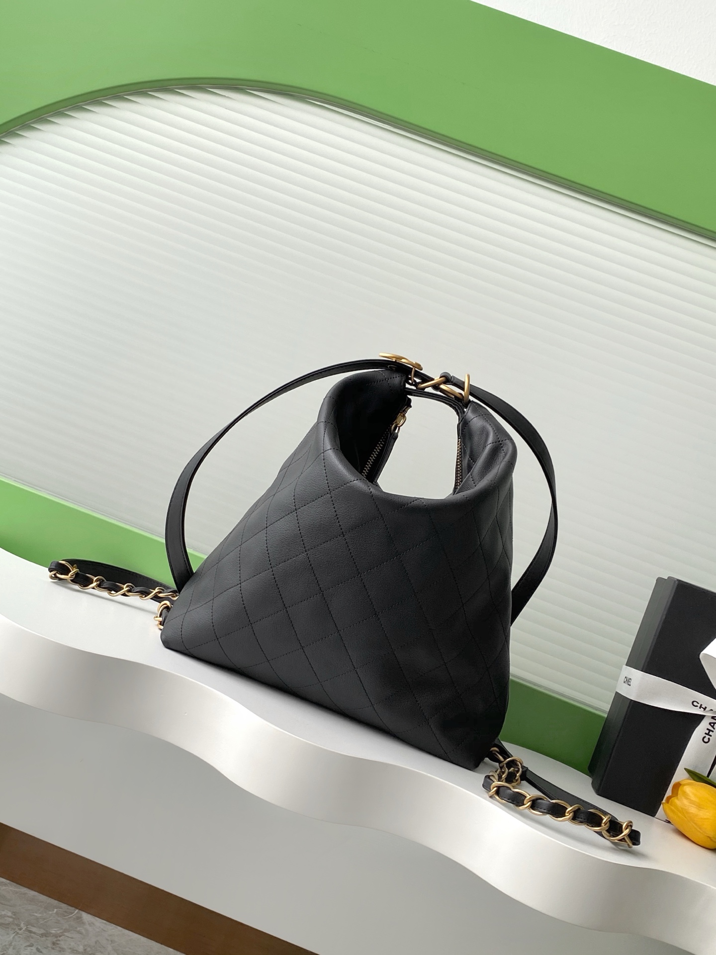 Chanel Maxi shopping bag, Calfskin & gold-tone metal, black