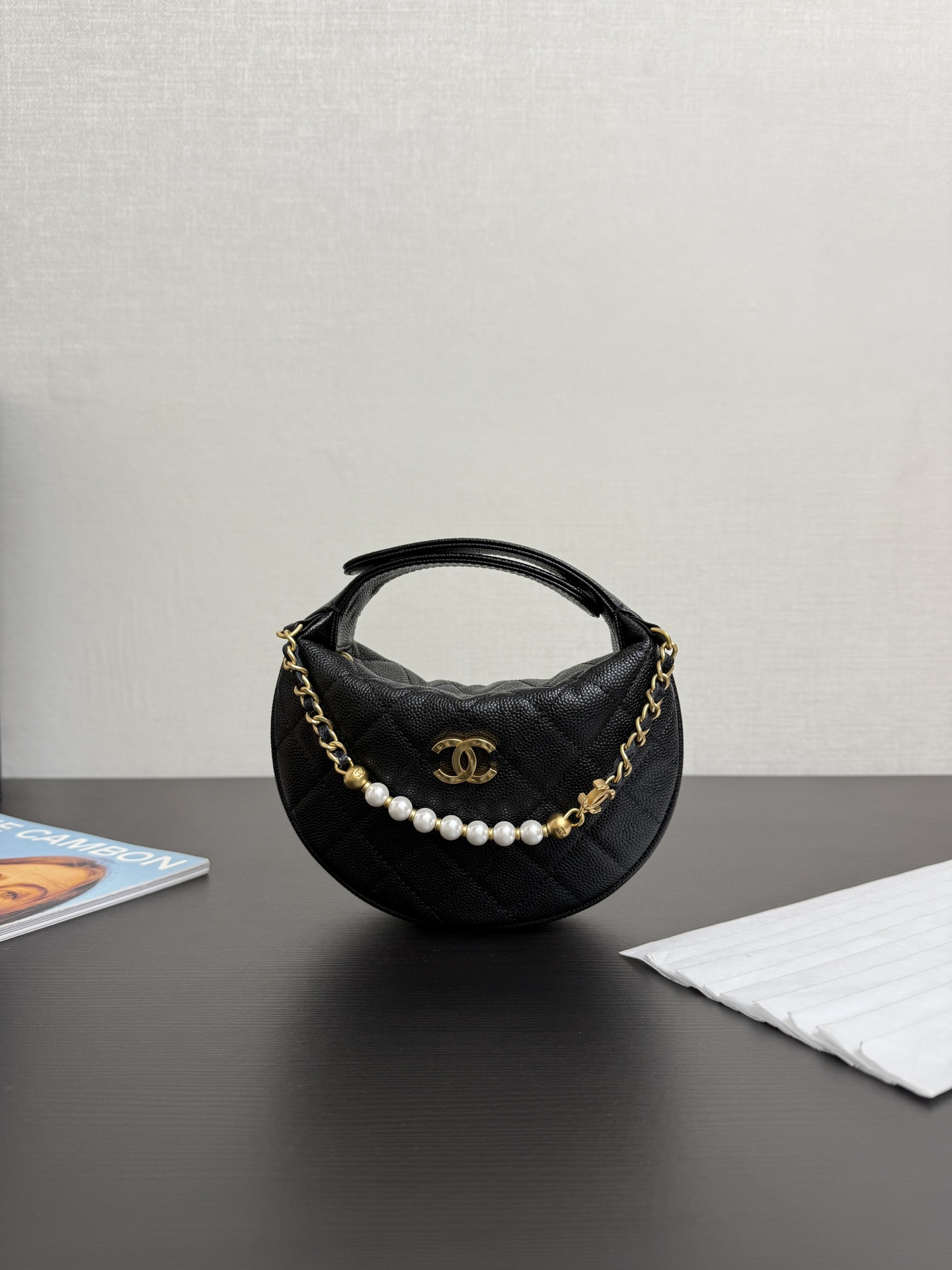 Chanel Quilted Circle Pouch Bag Black w/ Chain Gold