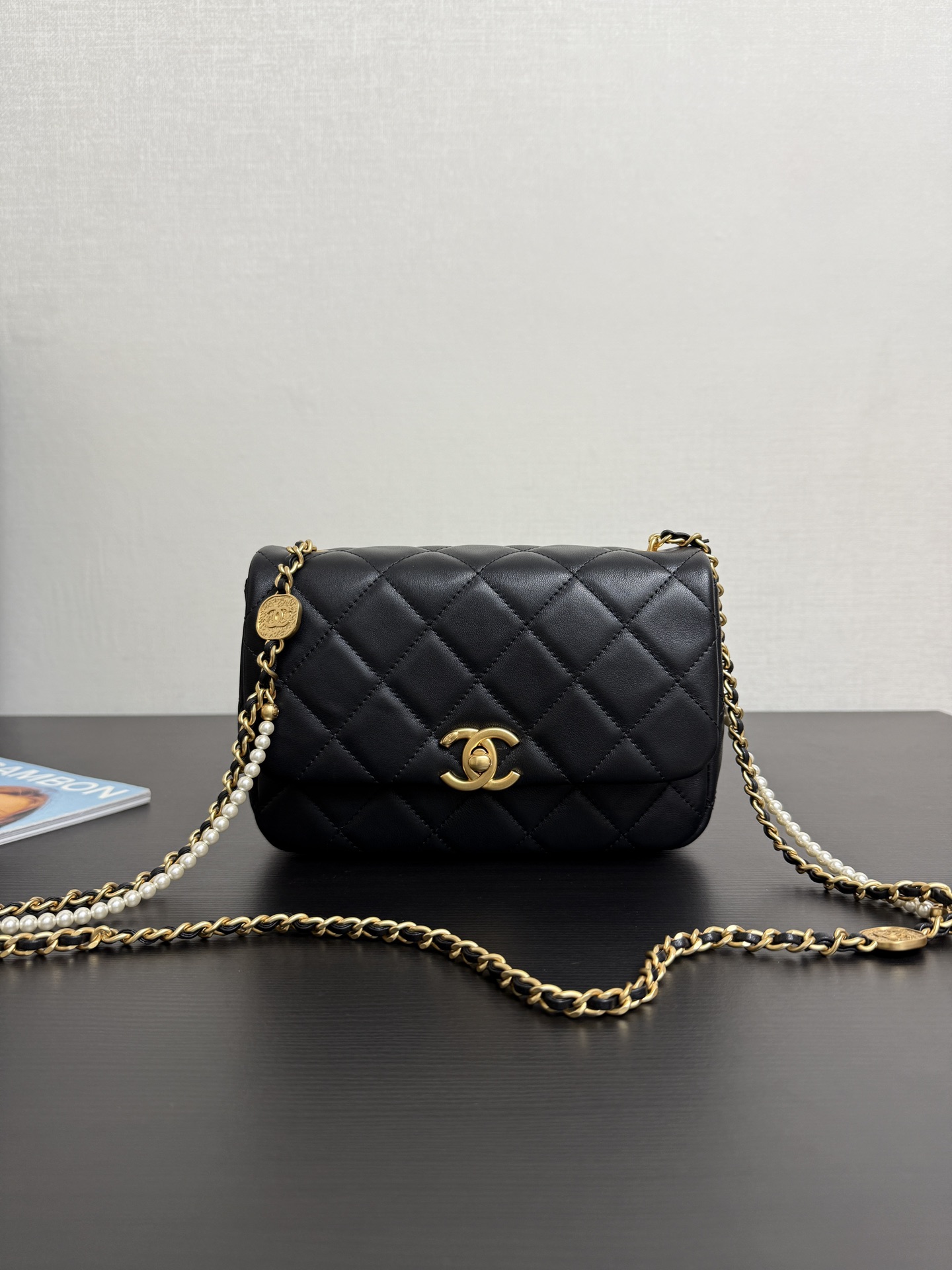 Chanel Mini Pearly Chain Flap Bag Black Lambskin Brushed black