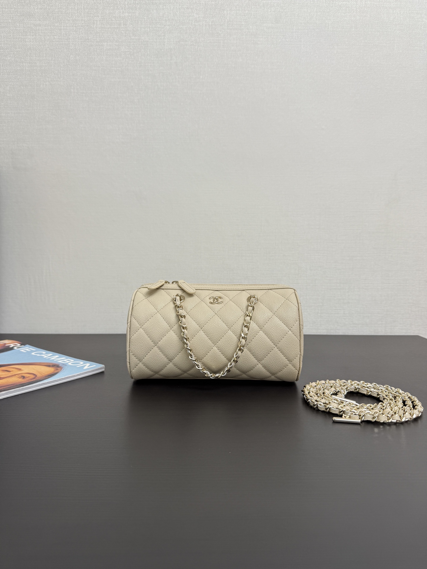 Chanel 25P Women’s Crossbody Bag Caviar Bowling Speedy Beige