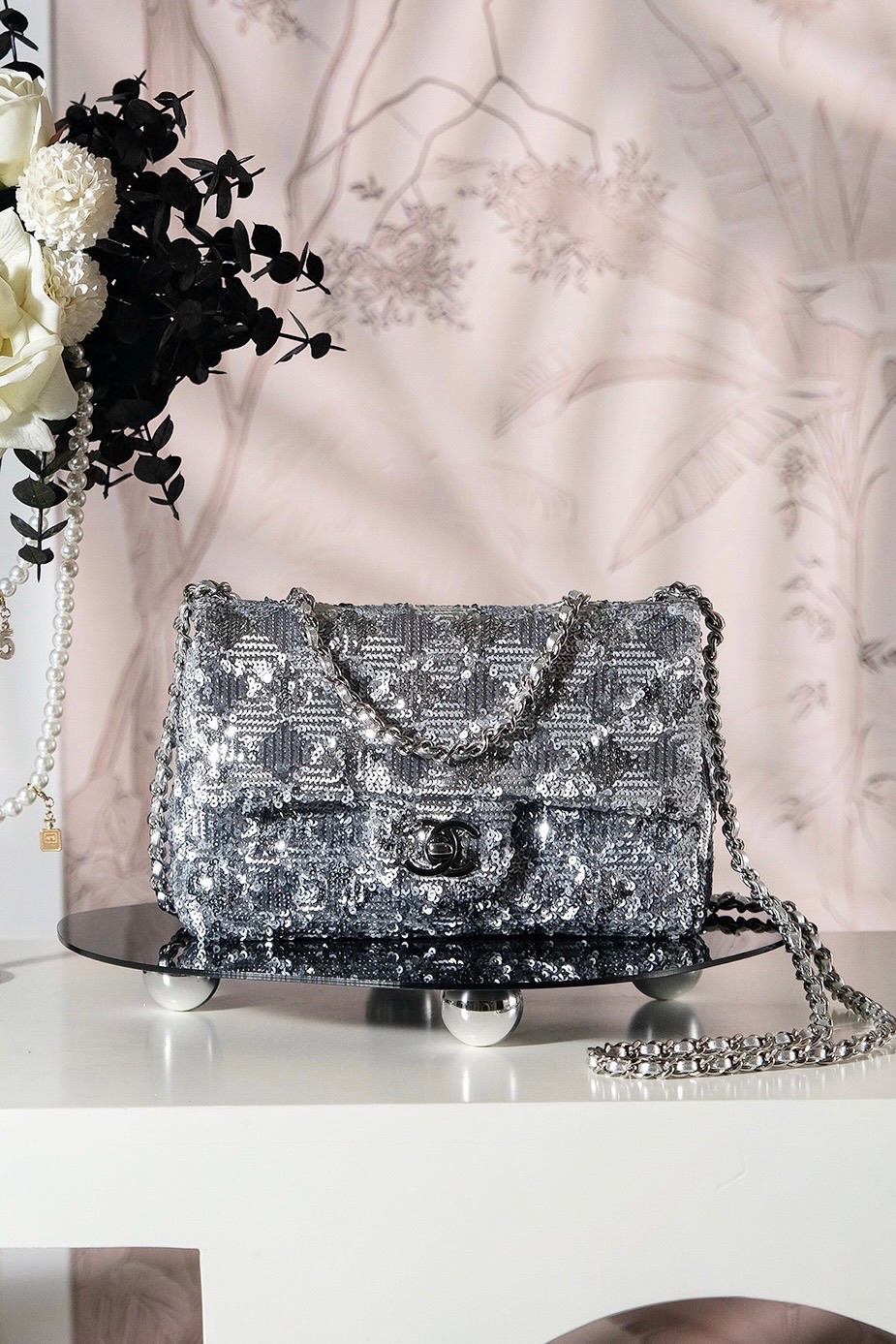 Chanel Flap bag, Quilted gradient sequins & ruthenium-finish metal, silver & black