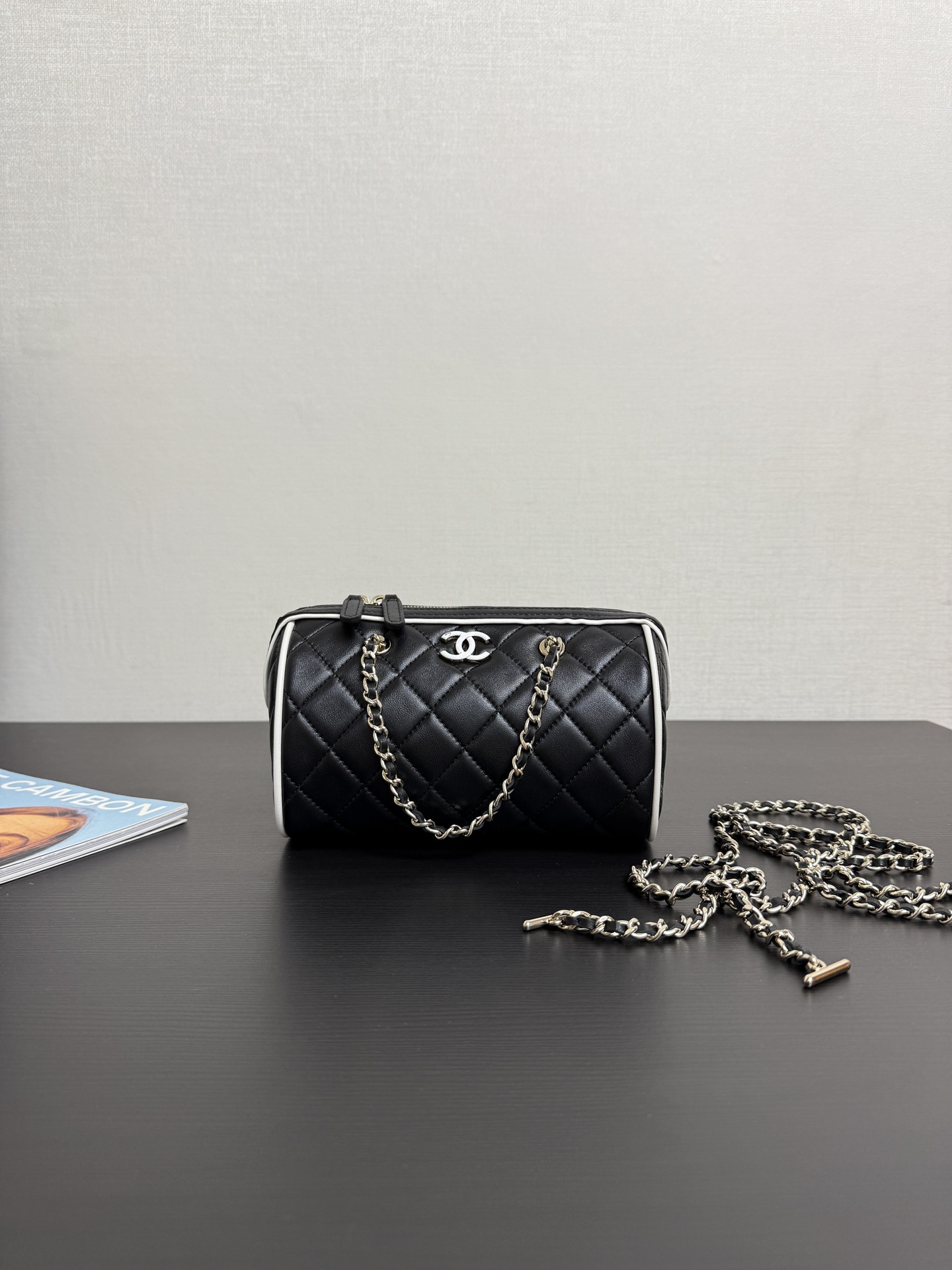 CHANEL Chain Handle Mini Bowling Bag Black Champagne
