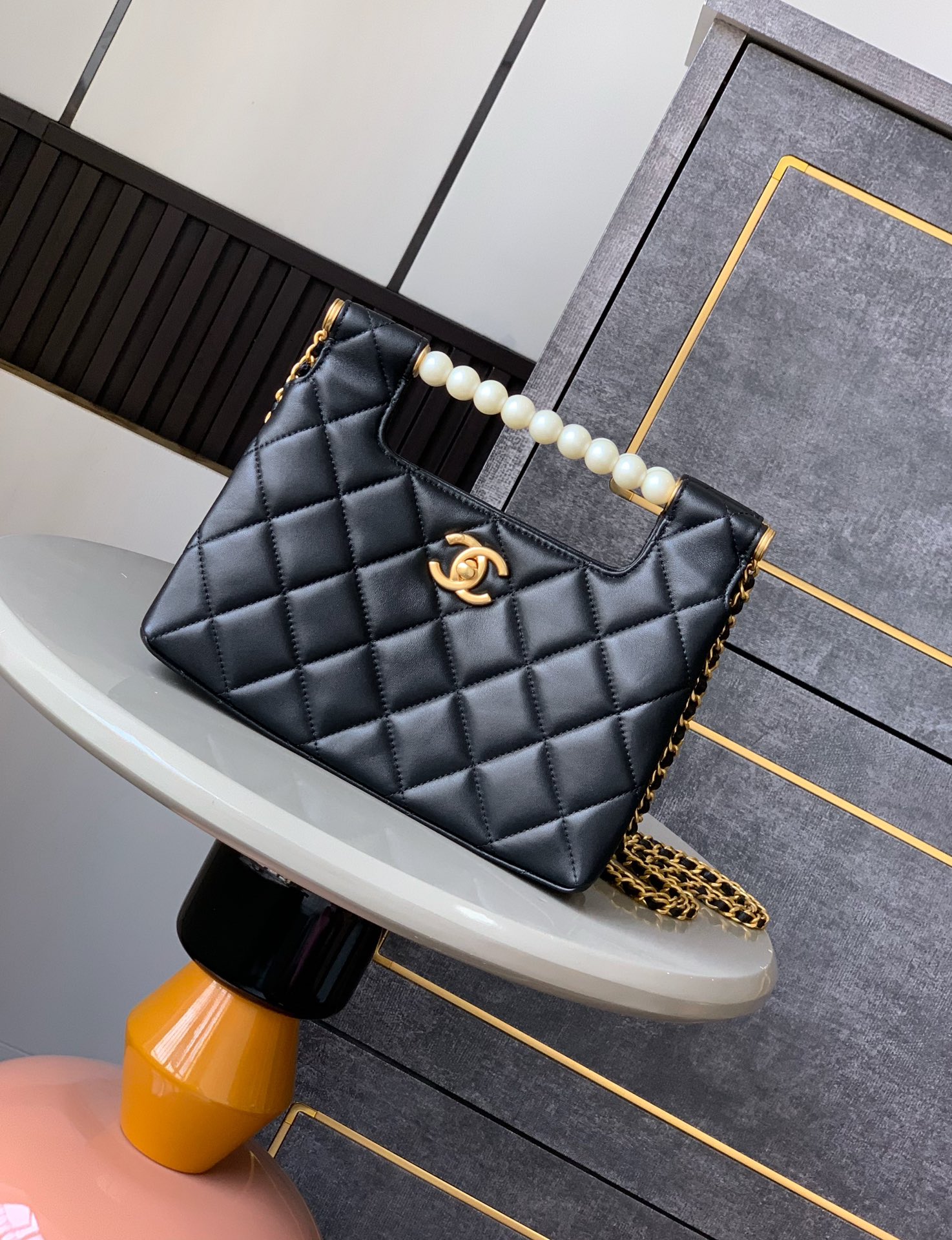 Chanel Small tote, Shiny lambskin, imitation pearls & gold-tone