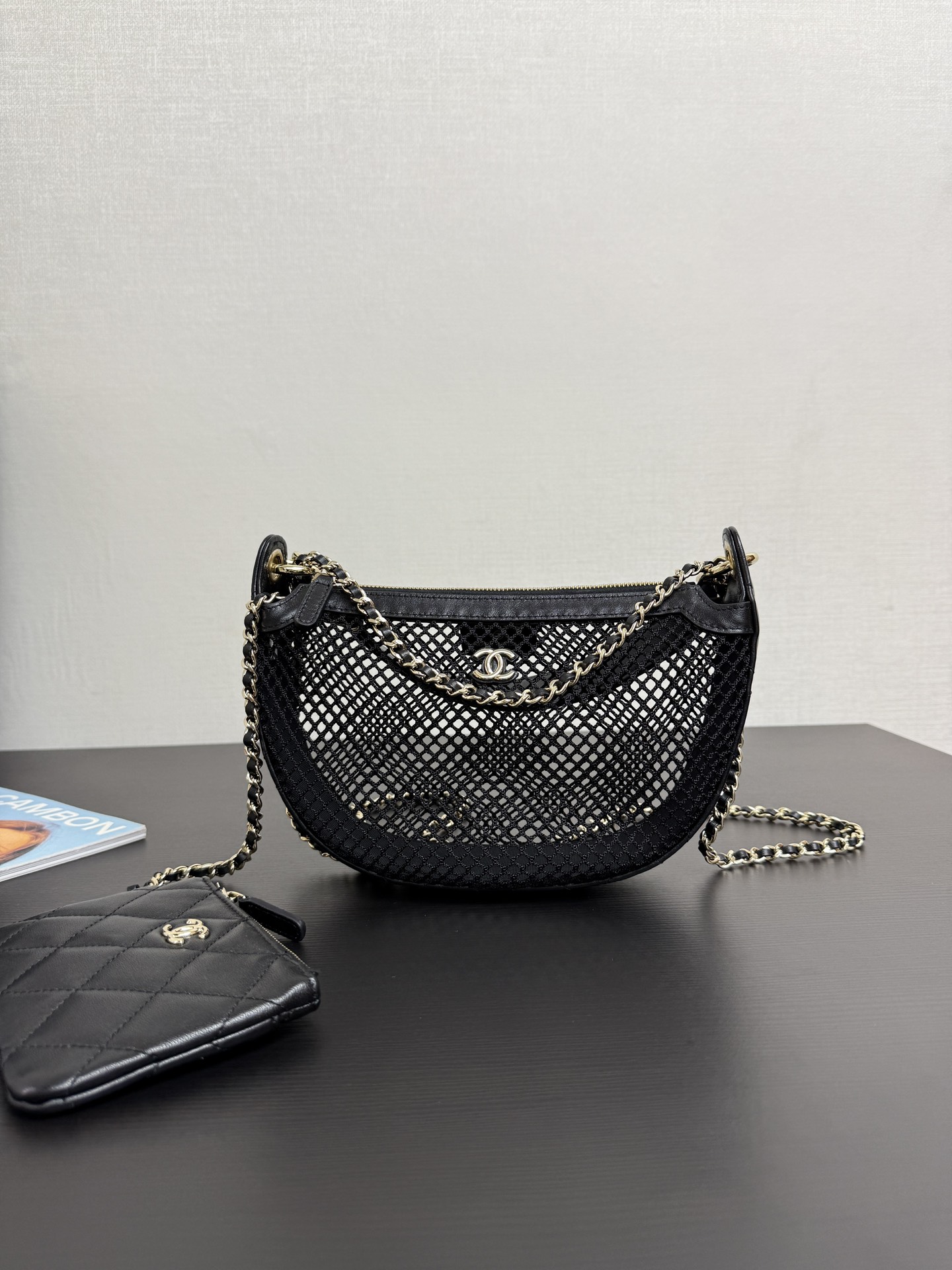 CHANEL Mesh Shiny Lambskin Clutch With Chain Black 1638657