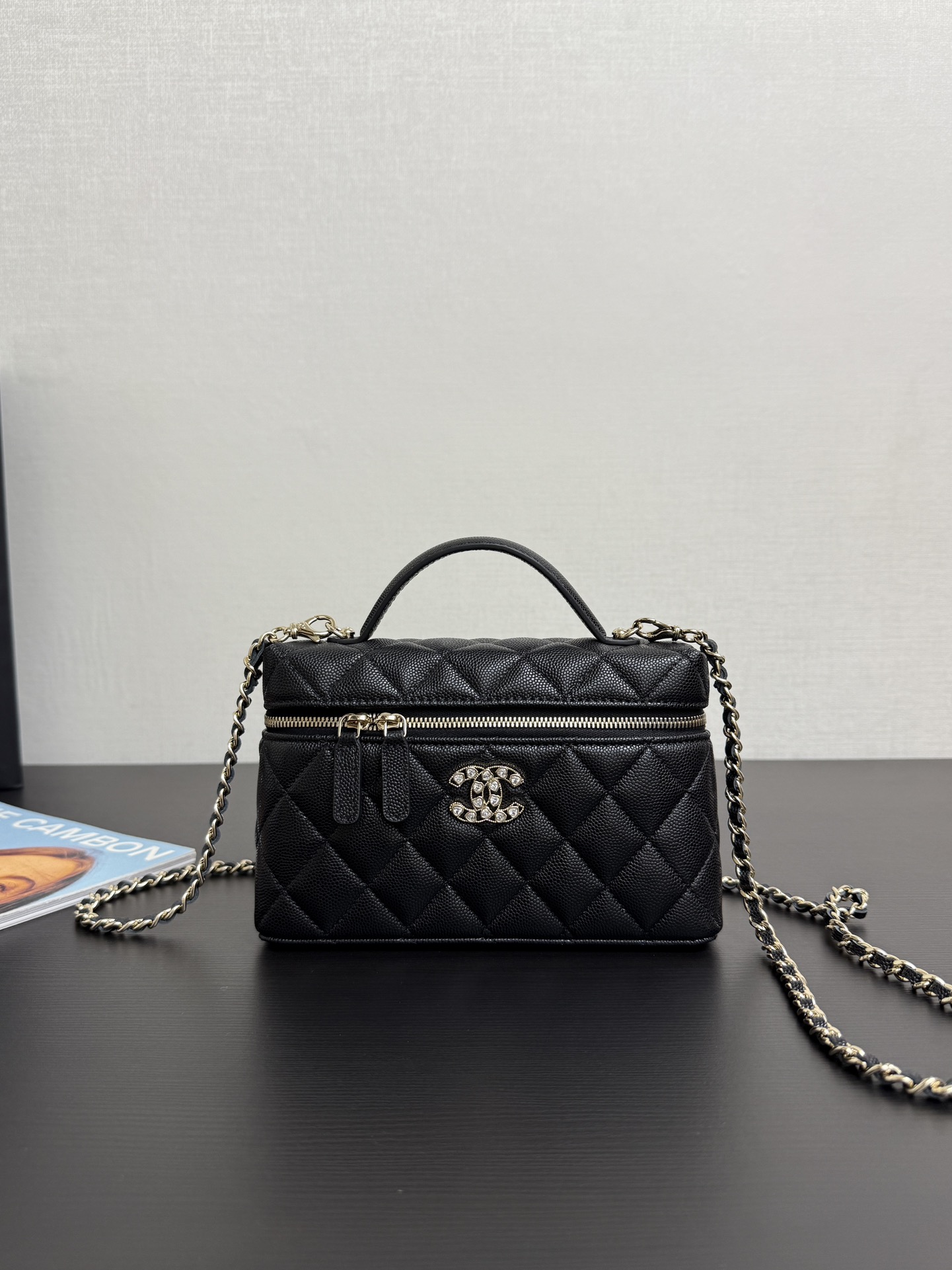 Chanel CC Top Handle Long Vanity Case With Chain Black
