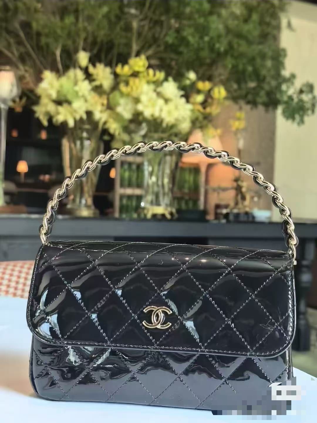 CHANEL Patent Black Top Handle Tote Bag Gold AP4469