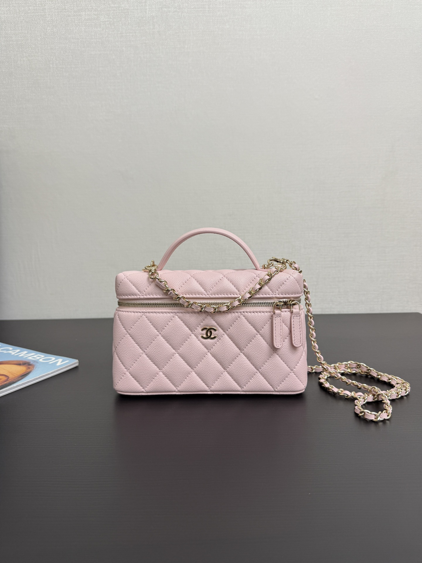 Chanel Vanity with Chain   Shiny Grained Calfskin, Strass & Silver-Tone Metal  Light Pink