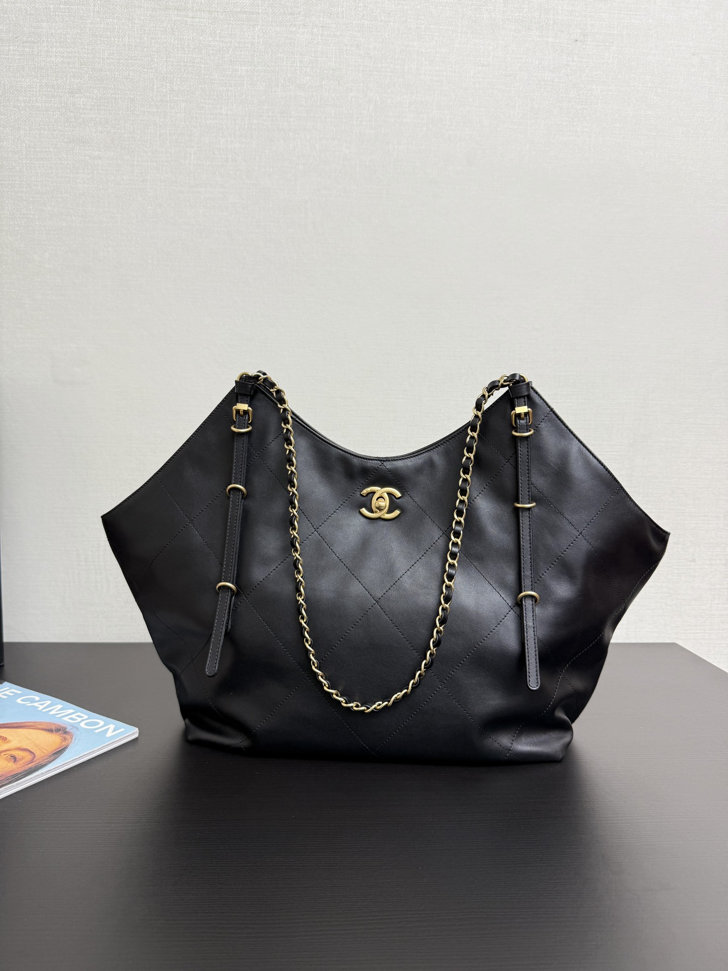 Chanel Maxi shopping bag, Calfskin & gold-tone metal, black