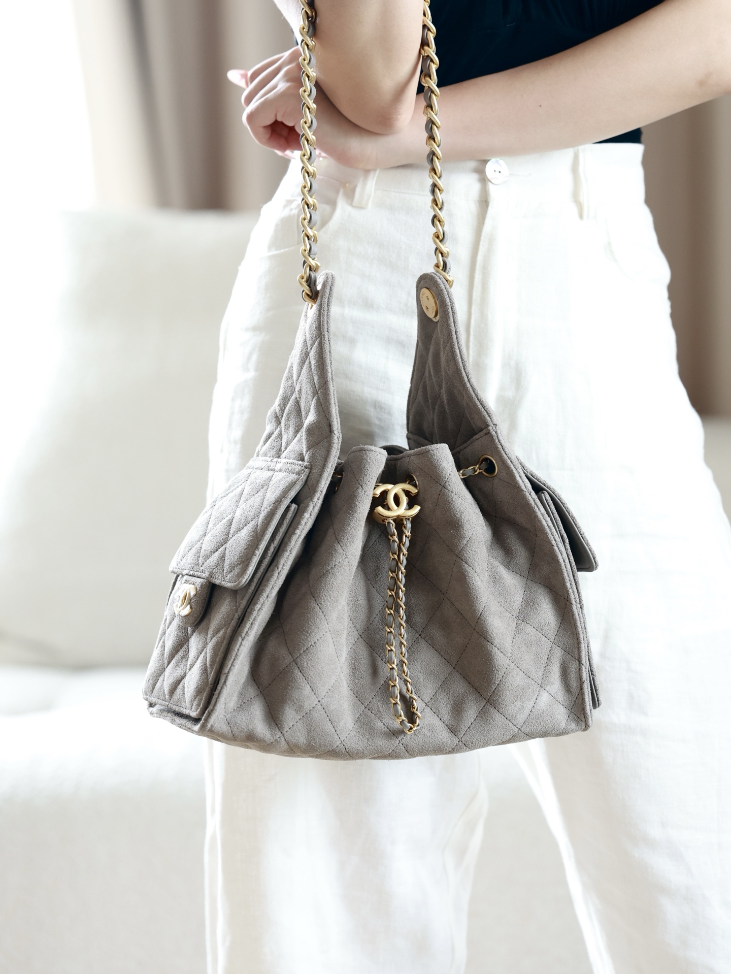 CHANEL Suede Quilted Medium Chanel 25 Handbag Grey