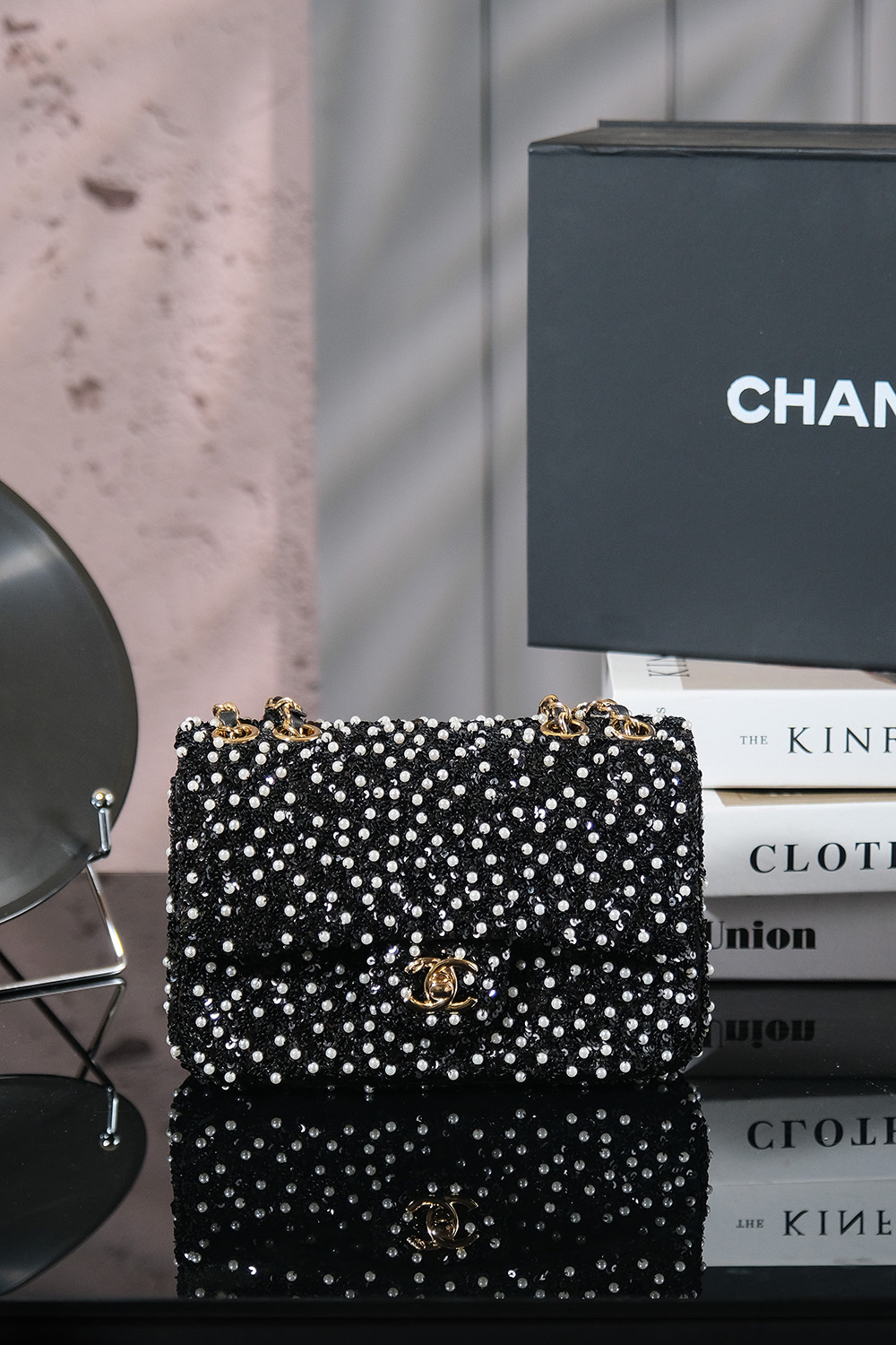 Chanel Flap bag, Sequins & gold-tone metal, black, white & gray