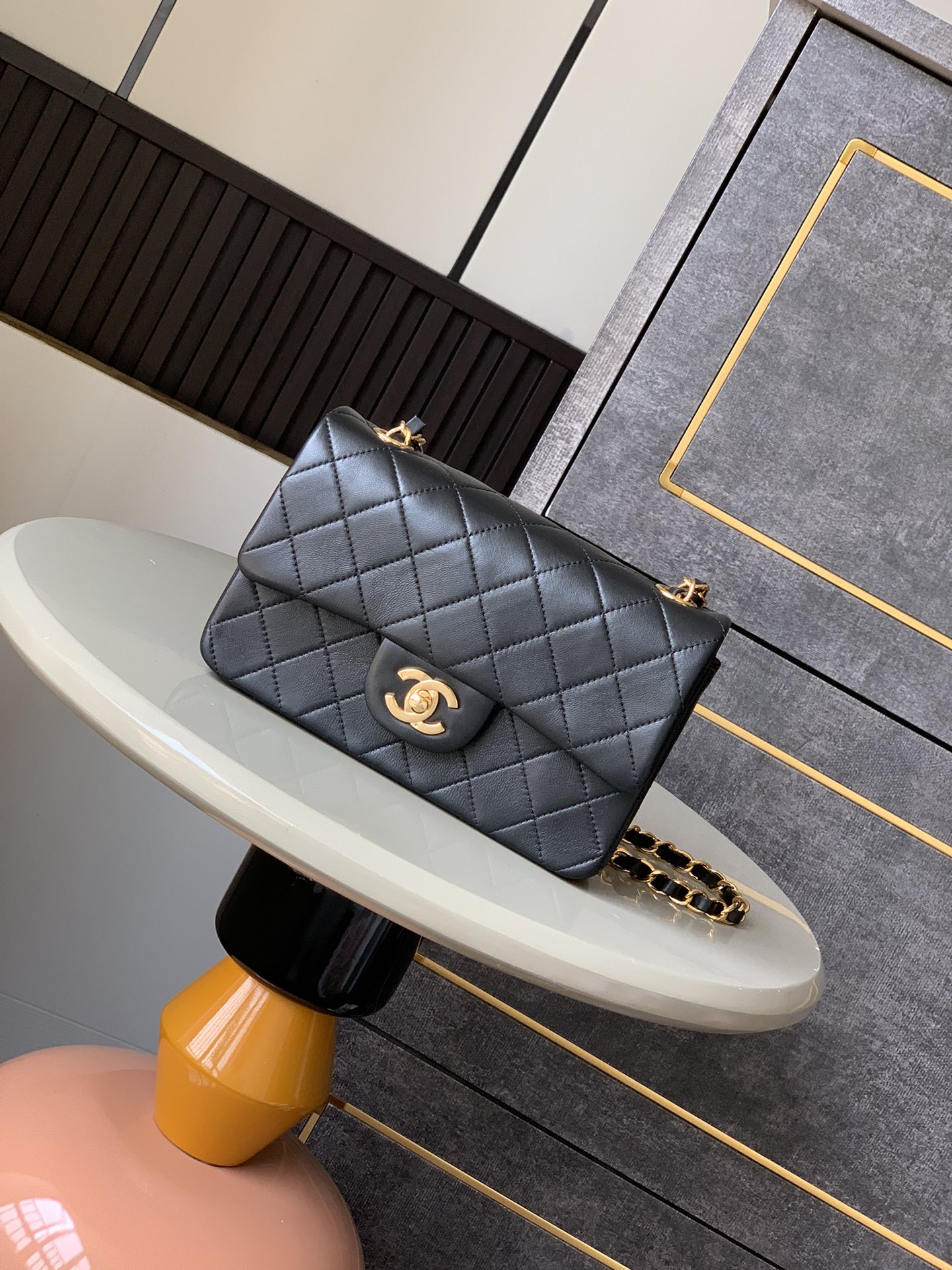 Chanel Matelasse Lambskin Chain Shoulder Bag Black Gold
