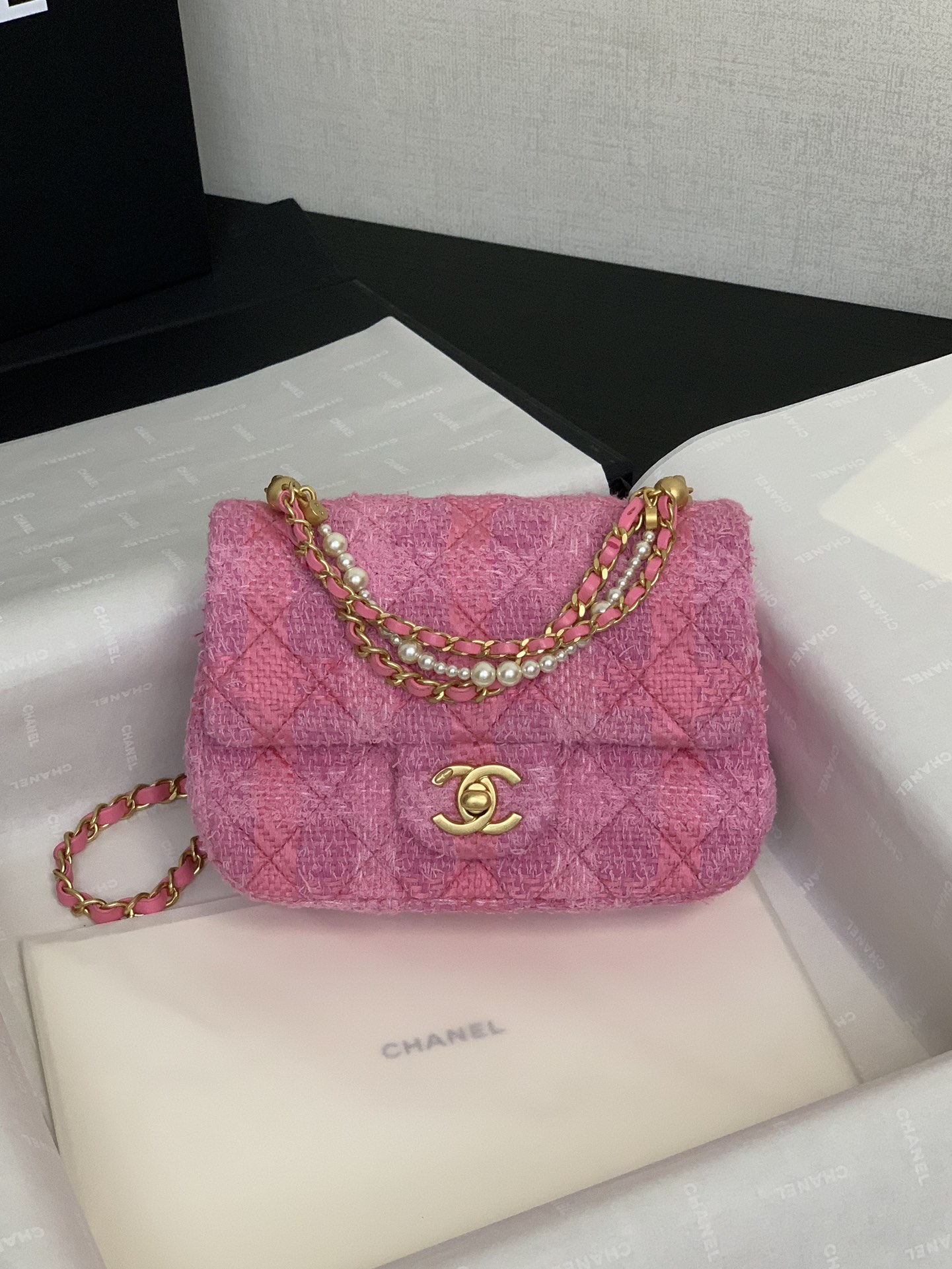Chanel Mini Square Tweed Pearl Twist Flap Bag – Pink Shoulder