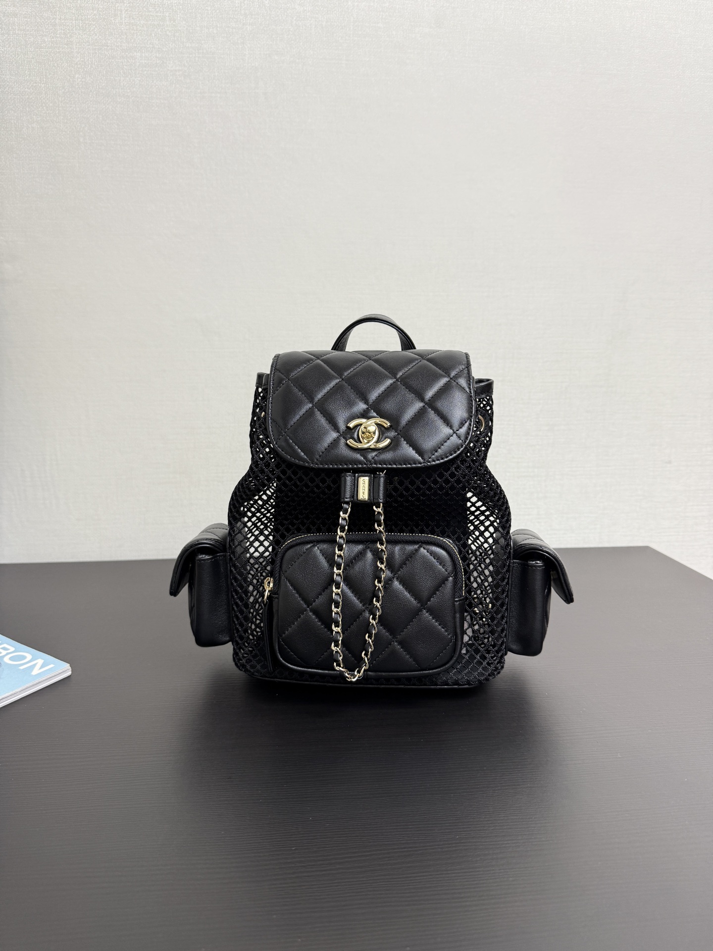 Chanel Backpack, Mesh, shiny lambskin & gold-tone metal, black