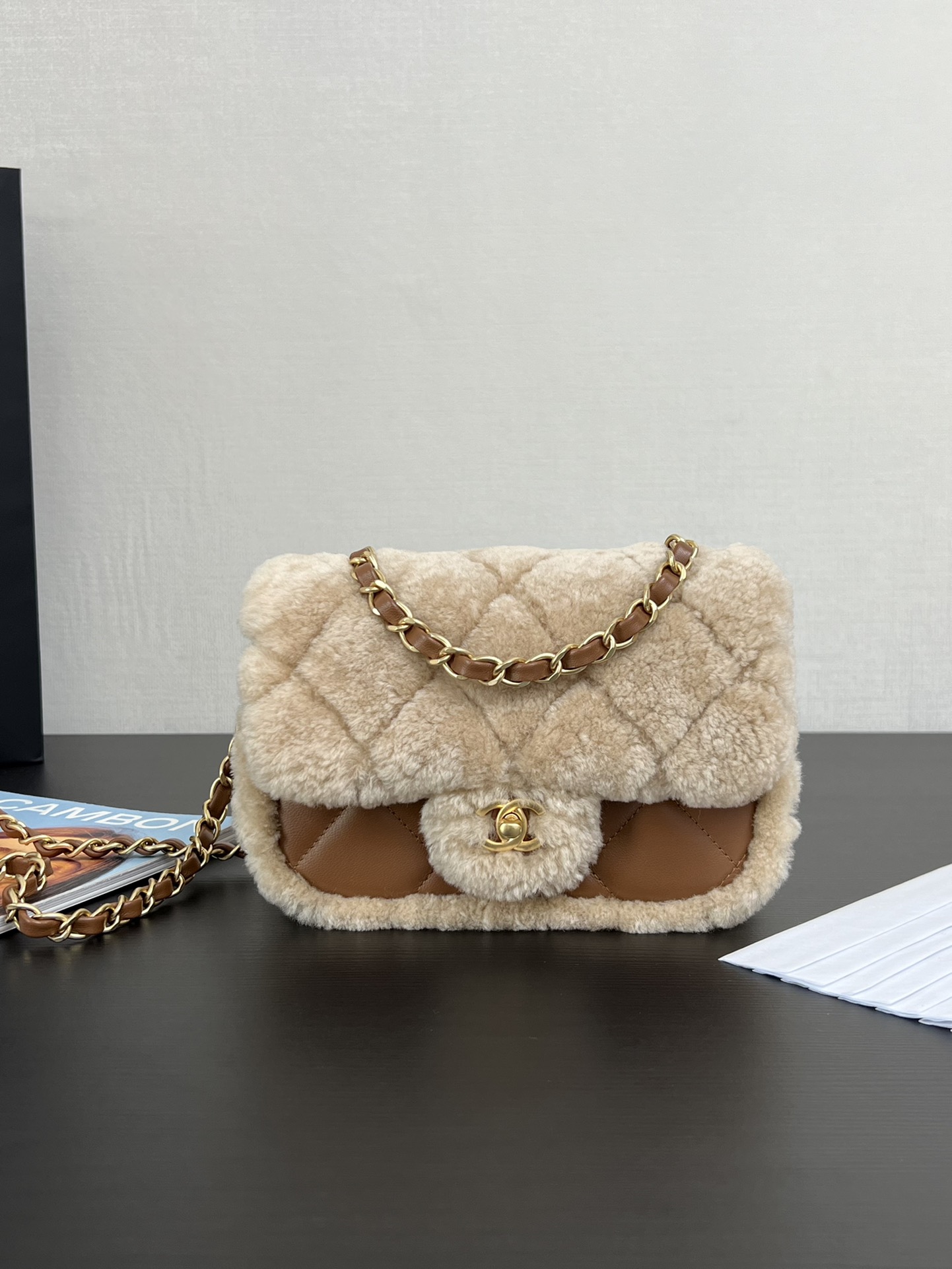 Chanel Mini Shearling Flap Bag Brown Lambskin Brushed Gold Hardware