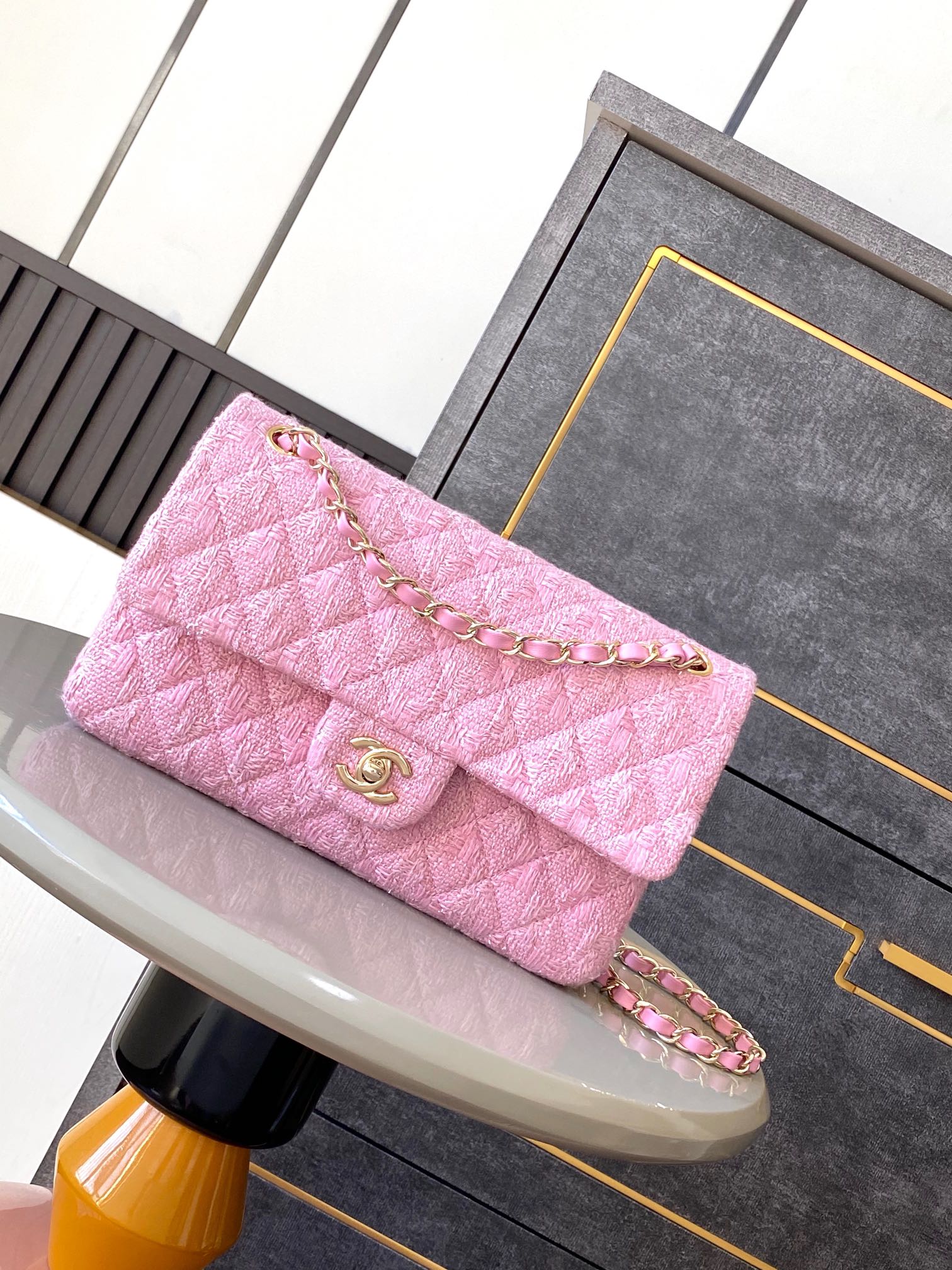 Chanel Matelasse 25 Tweed Double Flap Double Chain Bag Pink Gold Metal Fittings