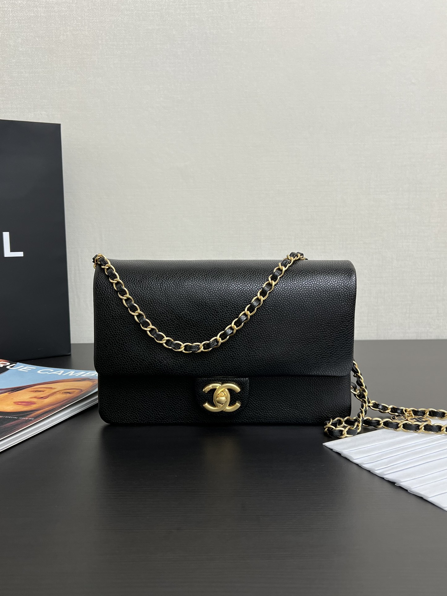 Chanel Mini Flap Bag Black Shiny Grained Calfskin Brushed