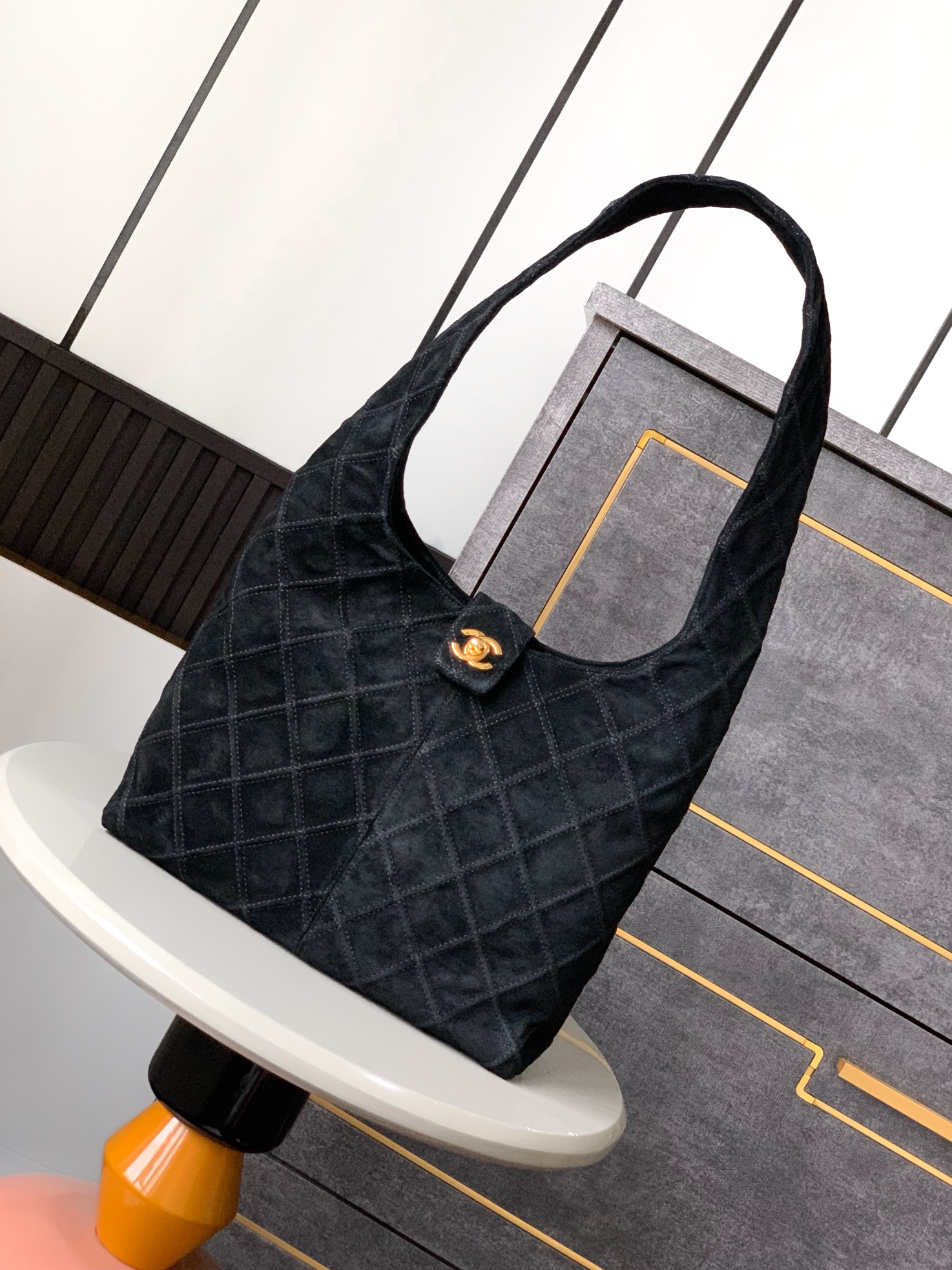 CHANEL Quilted Hobo Black Suede Shoulder Bag
