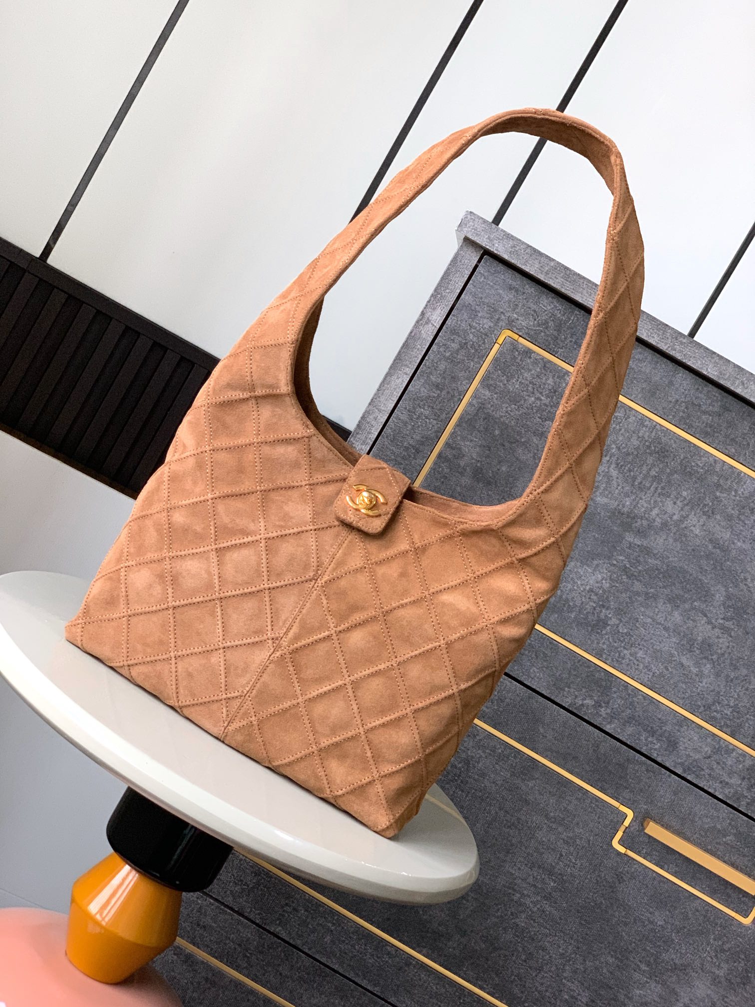 CHANEL Suede Stitched Hobo Beige 734248
