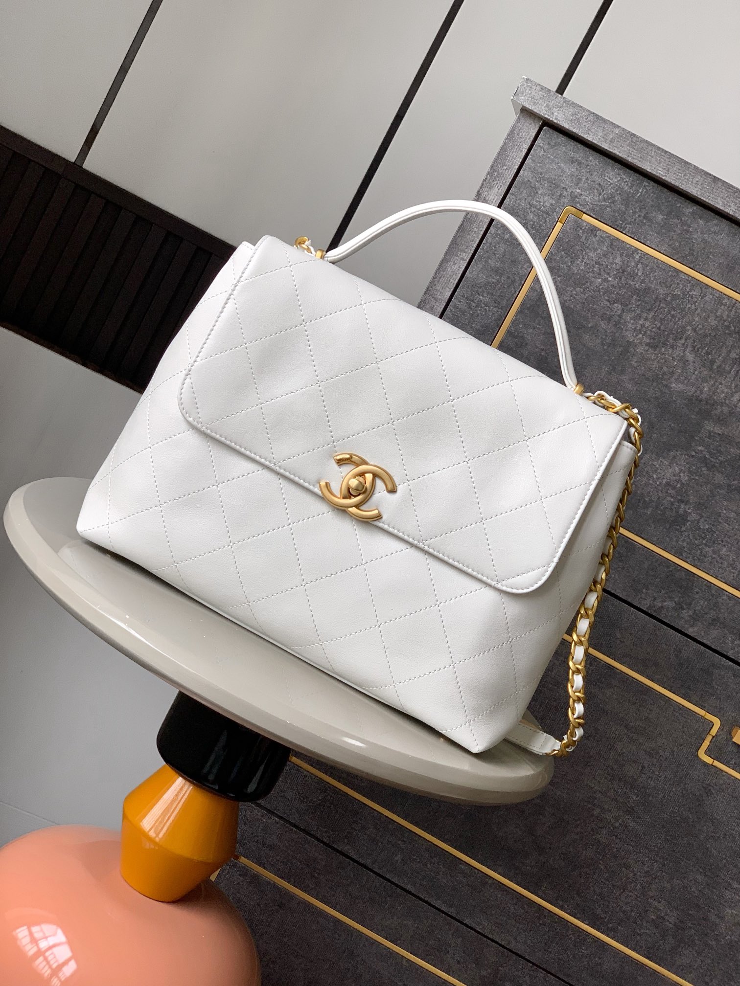 Maxi Flap Bag with Top Handle   Calfskin & Gold-Tone Metal  White