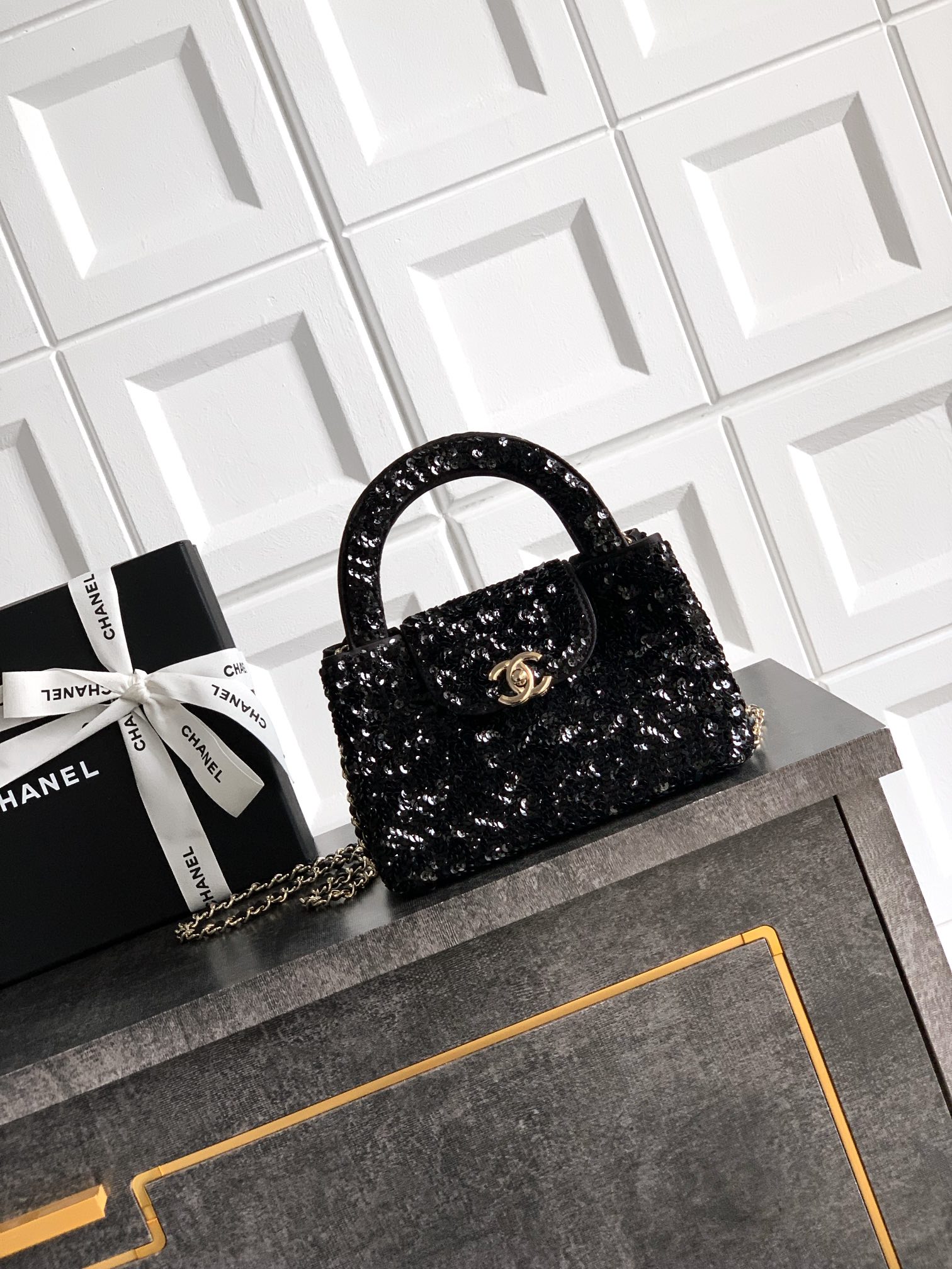 CHANEL Tweed Sequin Mini Coco Handle Flap Black 90239