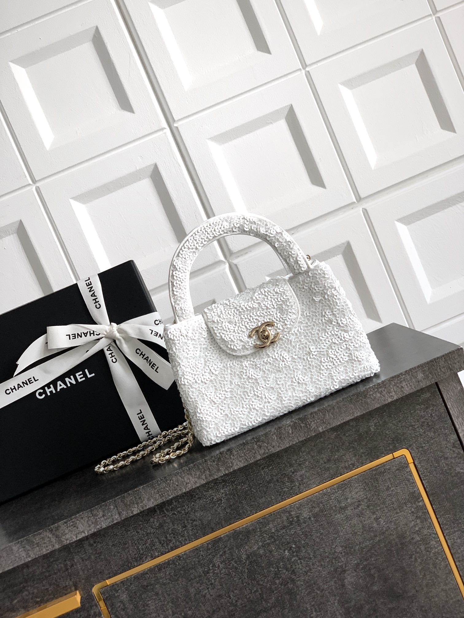 Chanel Flap bag, Quilted sequins & gold-tone metal, white