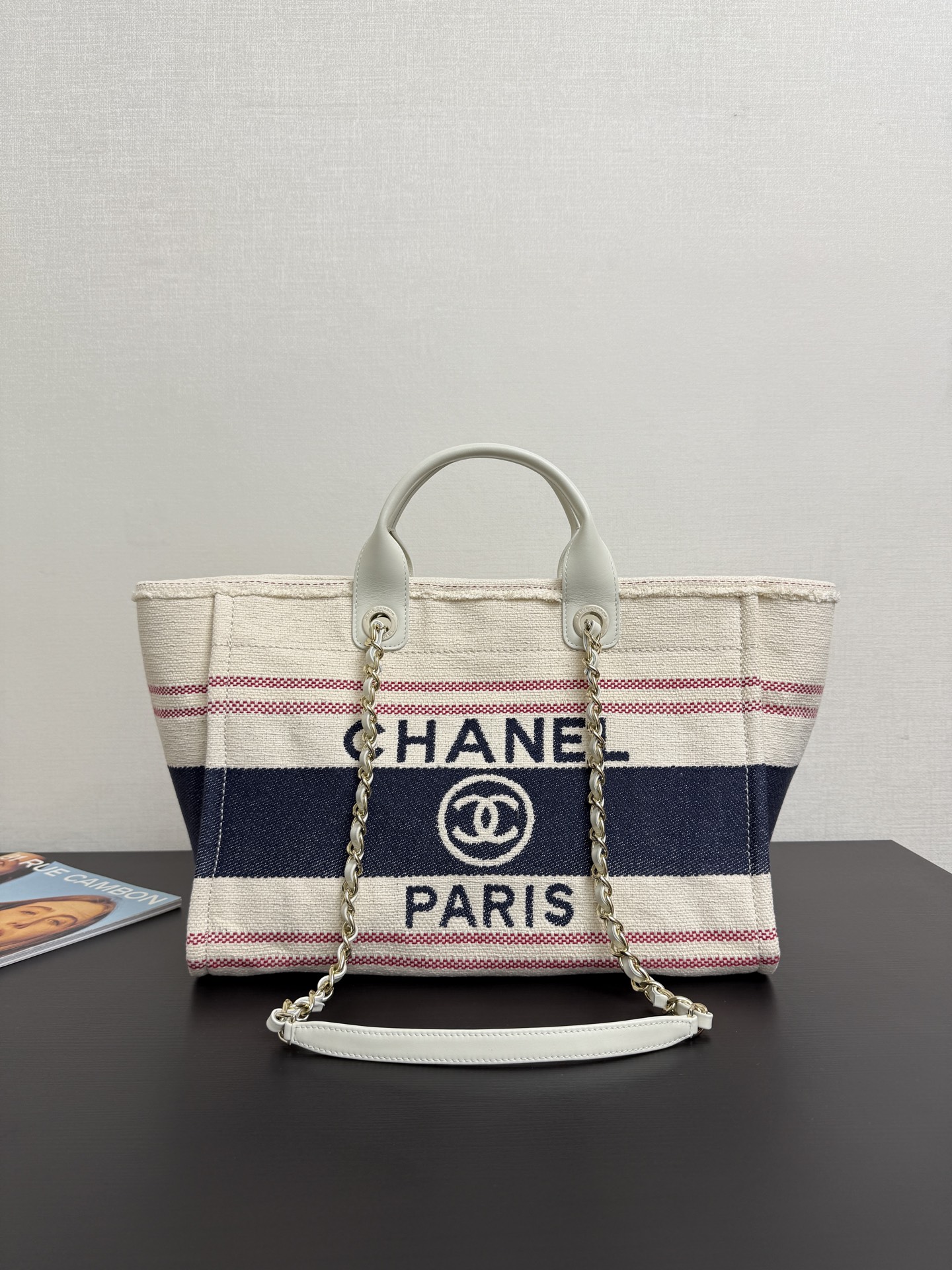CHANEL Striped Canvas Small Deauville Tote Ecru Red Blue