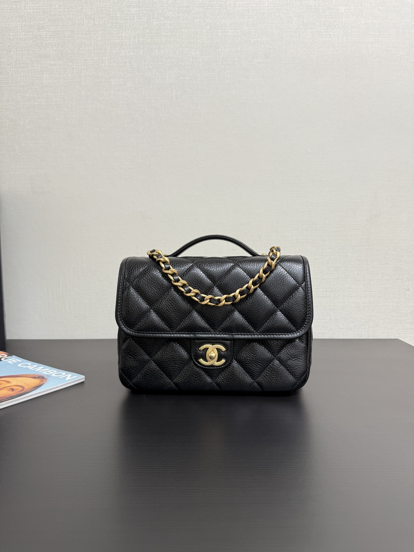 Backpack, Grained shiny calfskin & gold-tone metal,black