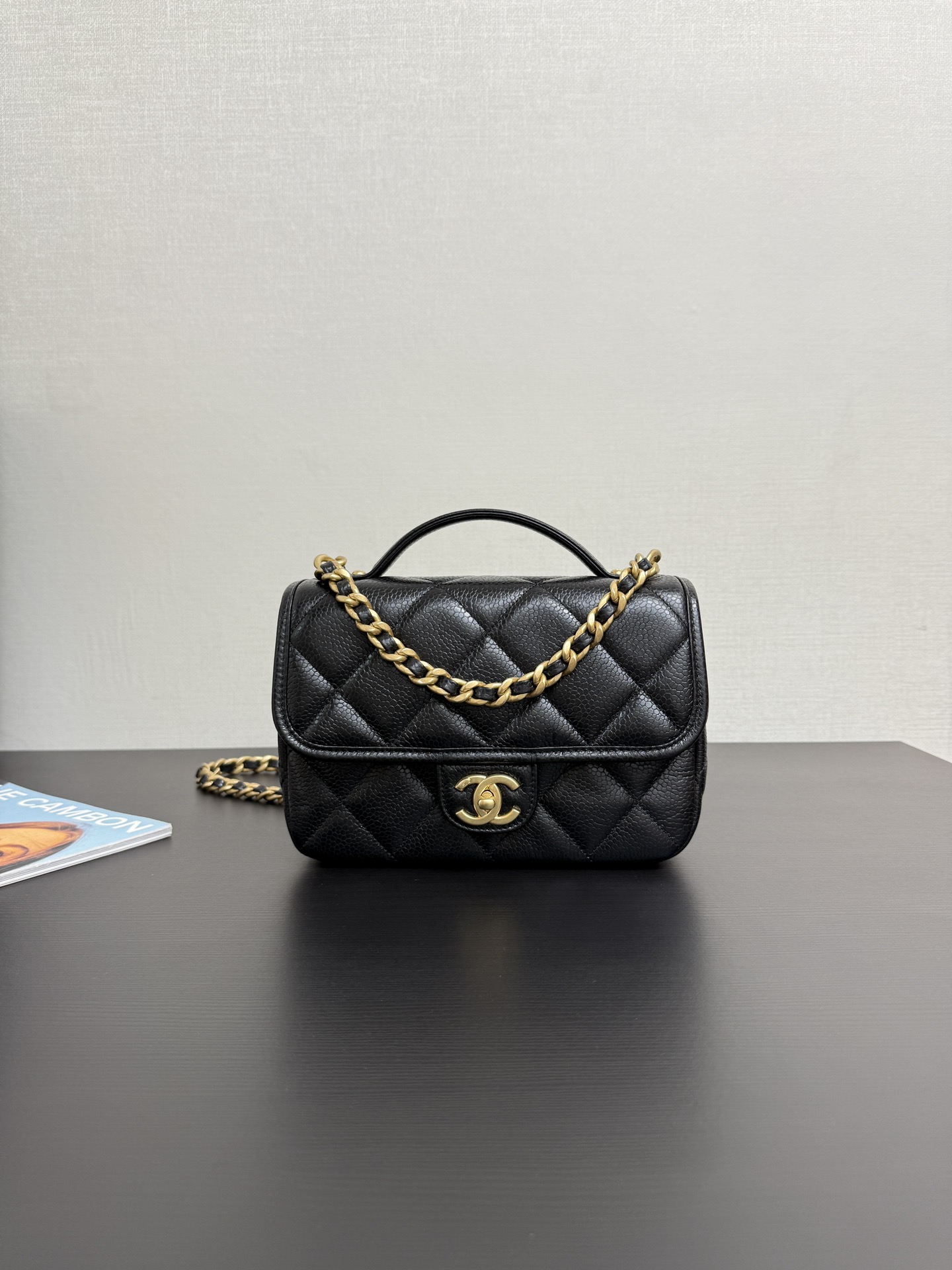 Chanel Mini flap bag with top handle, Calfskin, strass & gold-tone
