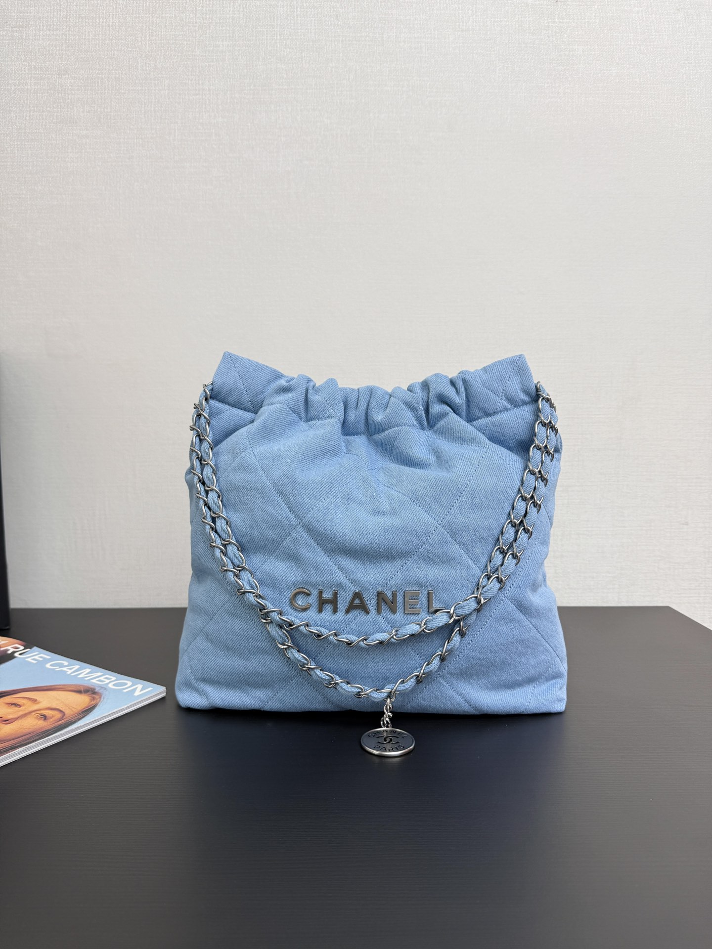 Chanel 22 Small canvas Chain Shoulder Bag Blue Silver