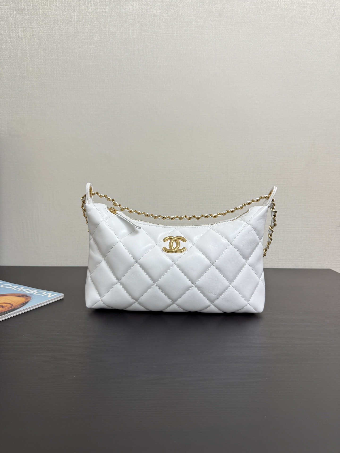 Chanel Chain Hobo Bag Quilted White Lambskin Aged Gold