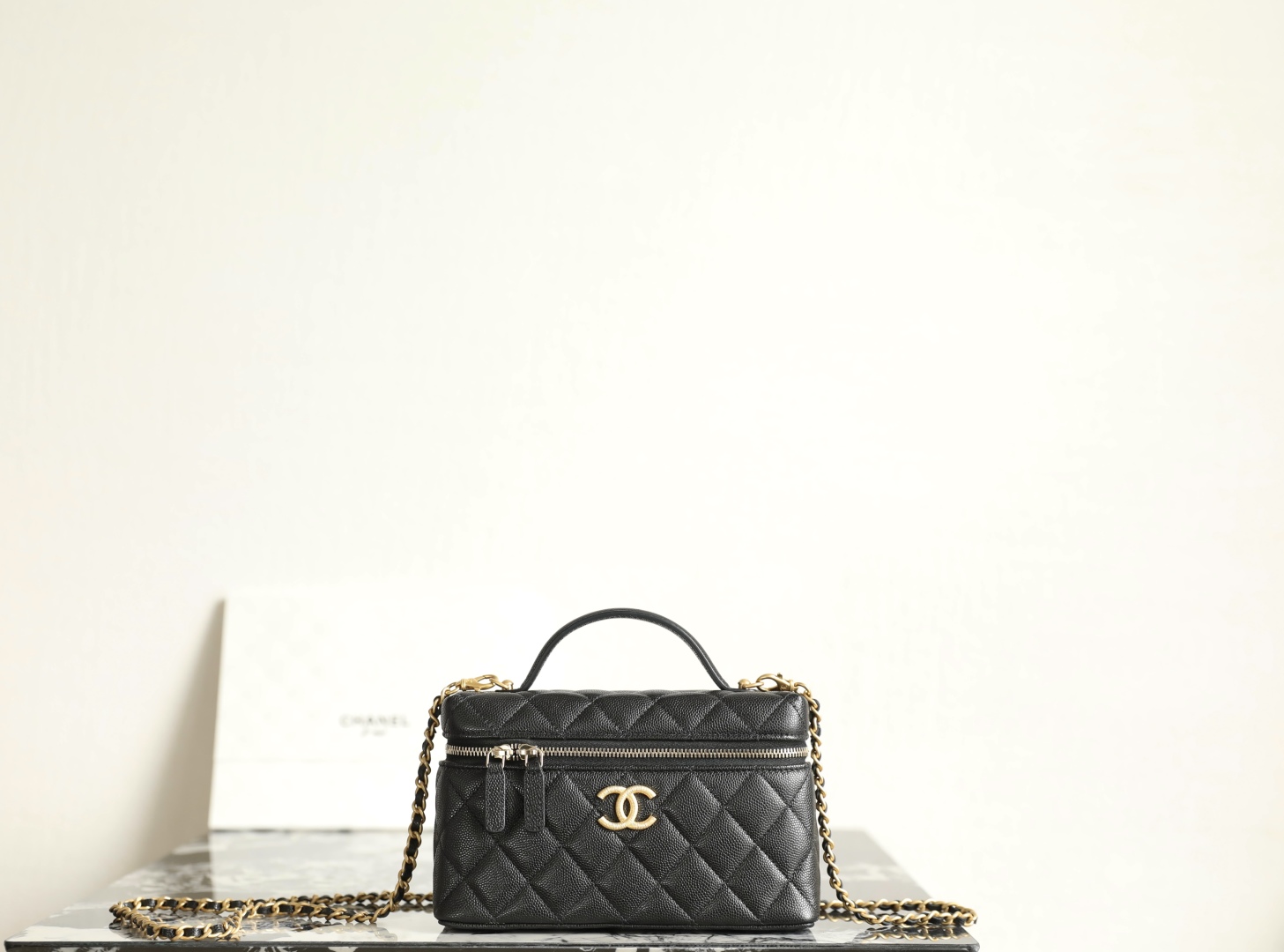 Chanel Top Handle Long Vanity Case With Chain Black Shiny