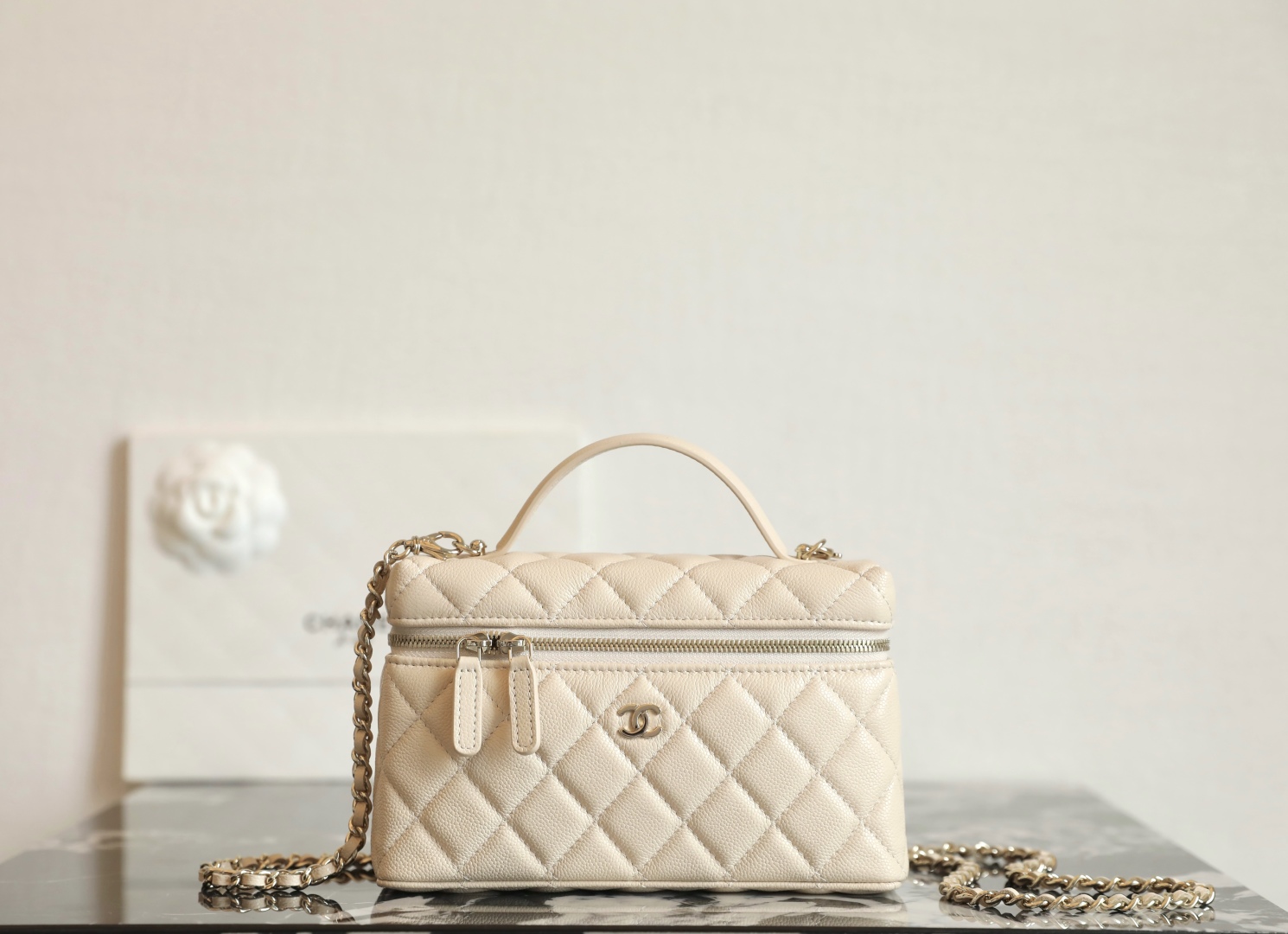 Chanel CC Top Handle Long Vanity Case With Chain Light