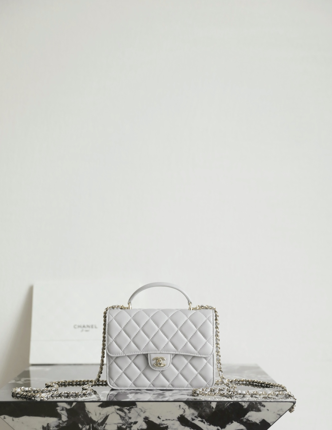 Chanel Mini Rectangular Flap Bag with Top Handle Light Grey Lambskin Light Gold Hardware