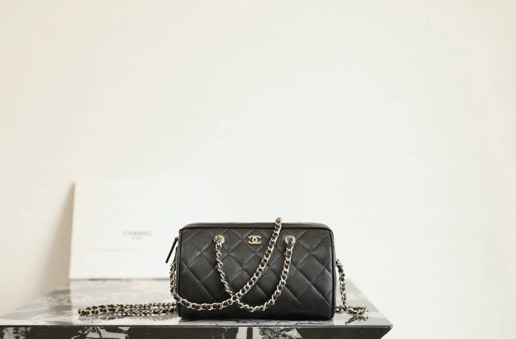 Chanel Mini Timeless Classic Barrel Bag with Chain Black Shiny Caviar